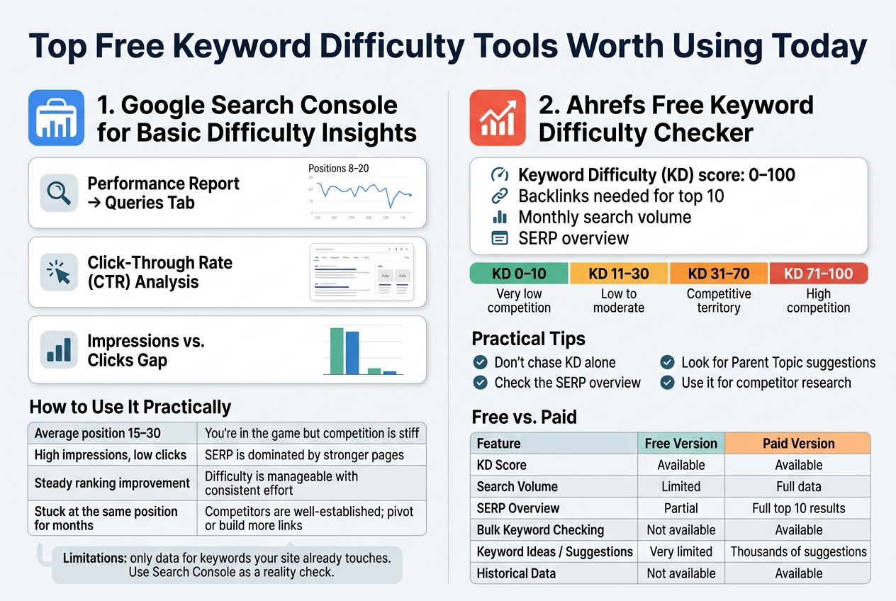 Create a clean, professional infographic in a full-bleed 3:2 landscape layout with a white background, dark navy headline text, teal and blue accent colors, and orange highlight boxes. Use modern sans-serif fonts with strong hierarchy. Place a bold title across the top: “Top Free Keyword Difficulty Tools Worth Using Today”.
Below the title, split the design into two wide horizontal sections with clear icons and visual blocks.
LEFT SECTION: “1. Google Search Console for Basic Difficulty Insights”
Add a blue Google Search Console-style chart icon beside the heading. Use 3 compact bullet cards with small icons:
- “Performance Report → Queries Tab” with a magnifying glass icon and a mini line chart showing positions 8–20.
- “Click-Through Rate (CTR) Analysis” with a cursor/click icon and a small SERP mockup showing ads, featured snippets, and competitor cards.
- “Impressions vs. Clicks Gap” with a bar chart icon showing high impressions and low clicks.
Under these, add a small table-style block titled “How to Use It Practically” with 4 rows:
“Average position 15–30 | You’re in the game but competition is stiff”
“High impressions, low clicks | SERP is dominated by stronger pages”
“Steady ranking improvement | Difficulty is manageable with consistent effort”
“Stuck at the same position for months | Competitors are well-established; pivot or build more links”
Add a short note in a light gray callout box:
“Limitations: only data for keywords your site already touches. Use Search Console as a reality check.”
RIGHT SECTION: “2. Ahrefs Free Keyword Difficulty Checker”
Add a red Ahrefs-style graph icon beside the heading. Use a clean feature card showing:
- “Keyword Difficulty (KD) score: 0–100”
- “Backlinks needed for top 10”
- “Monthly search volume”
- “SERP overview”
Below, place a colored KD scale band with four labeled segments:
“KD 0–10 | Very low competition”
“KD 11–30 | Low to moderate”
“KD 31–70 | Competitive territory”
“KD 71–100 | High competition”
Under that, add a “Practical Tips” block with 4 bullet points and small check icons:
- “Don’t chase KD alone”
- “Check the SERP overview”
- “Look for Parent Topic suggestions”
- “Use it for competitor research”
At the bottom of the right section, add a simple comparison table titled “Free vs. Paid”
Columns: “Feature | Free Version | Paid Version”
Rows:
“KD Score | Available | Available”
“Search Volume | Limited | Full data”
“SERP Overview | Partial | Full top 10 results”
“Bulk Keyword Checking | Not available | Available”
“Keyword Ideas / Suggestions | Very limited | Thousands of suggestions”
“Historical Data | Not available | Available”
Use icons such as a magnifying glass, chart bars, backlink chain, checkmarks, and SERP cards. Keep spacing balanced, with wide horizontal alignment, clearly separated blocks, and no narrow vertical poster layout. Make the infographic text crisp and fully readable.