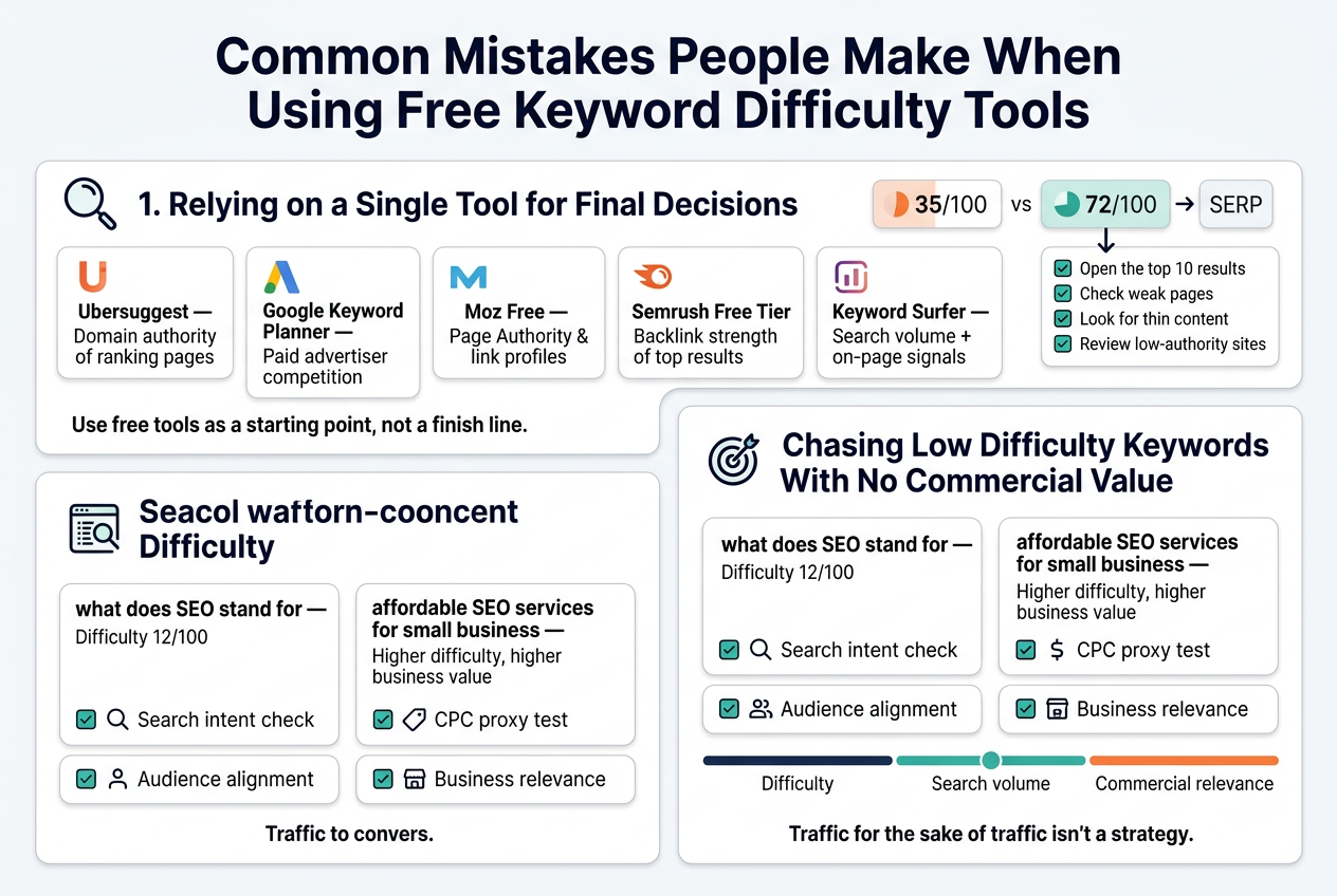 Create a clean professional infographic in full-bleed 3:2 landscape layout with a modern white background, deep navy headings, teal and orange accent colors, and crisp sans-serif typography. Place a bold title across the top center: "Common Mistakes People Make When Using Free Keyword Difficulty Tools". Use a wide two-section layout with clear numbered blocks, icons, and short text callouts.
Top section: a large left-to-right panel titled "1. Relying on a Single Tool for Final Decisions" with a magnifying glass icon and a comparison-style visual. Show 5 small tool cards in a horizontal row with simple icons and labels:
"Ubersuggest — Domain authority of ranking pages"
"Google Keyword Planner — Paid advertiser competition"
"Moz Free — Page Authority & link profiles"
"Semrush Free Tier — Backlink strength of top results"
"Keyword Surfer — Search volume + on-page signals"
Add a small note beneath: "Use free tools as a starting point, not a finish line." Include a small split-score graphic showing "35/100" vs "72/100" with an arrow pointing to a SERP checklist labeled "Open the top 10 results", "Check weak pages", "Look for thin content", "Review low-authority sites".
Bottom section: a large right-side panel titled "2. Chasing Low Difficulty Keywords With No Commercial Value" with a target icon and a traffic-to-conversion visual. Show two contrasting keyword cards:
"what does SEO stand for — Difficulty 12/100"
"affordable SEO services for small business — Higher difficulty, higher business value"
Below, include four checklist blocks with icons:
"Search intent check"
"CPC proxy test"
"Audience alignment"
"Business relevance"
Add a final horizontal balance bar labeled "Difficulty", "Search volume", "Commercial relevance" showing the three factors in balance. Include a closing callout at the bottom: "Traffic for the sake of traffic isn't a strategy."
Use clean grid alignment, rounded rectangles, simple line icons, subtle shadows, and strong hierarchy. Keep all text sharp and readable, with the title largest, section headings medium-large, and supporting text smaller. Avoid a vertical poster layout; use wide side-by-side section composition with balanced spacing.