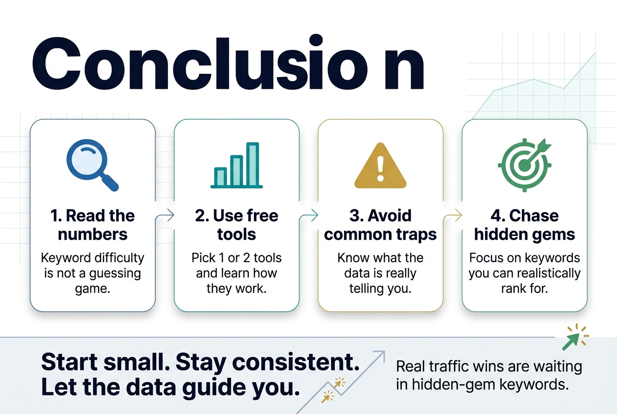3:2 landscape infographic, full-bleed layout, clean modern professional design, white background with deep navy, teal, and gold accents, bold sans-serif typography with strong visual hierarchy.
Top across the full width: large bold heading in dark navy text: "Conclusion"
Below the heading, a wide horizontal flow layout with 4 equal rounded cards from left to right, connected by subtle arrows, each card with a clear icon and short text.
Card 1 on the left: blue magnifying glass icon above the text:
"1. Read the numbers"
"Keyword difficulty is not a guessing game."
Card 2 next: teal bar-chart icon above the text:
"2. Use free tools"
"Pick 1 or 2 tools and learn how they work."
Card 3 next: gold warning-triangle icon above the text:
"3. Avoid common traps"
"Know what the data is really telling you."
Card 4 on the right: green target icon above the text:
"4. Chase hidden gems"
"Focus on keywords you can realistically rank for."
Bottom full-width banner spanning the page with a subtle upward arrow line and small growth spark icons, with bold text on the left:
"Start small. Stay consistent. Let the data guide you."
and smaller supporting text on the right:
"Real traffic wins are waiting in hidden-gem keywords."
Use wide horizontal spacing, balanced composition, crisp iconography, subtle shadows, light grid or data-line background accents, no vertical poster frame, no centered narrow stack, no extra text.