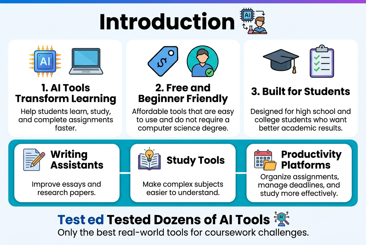 Create a clean, professional full-bleed infographic in a 3:2 landscape layout with a modern education-and-tech style, white background with blue, teal, purple, and orange accents, bold sans-serif typography, strong visual hierarchy, and no vertical poster frame.

Top banner across the full width: large bold title text "Introduction" centered or slightly left-aligned, with a small AI and student study icon cluster beside it.

Below the title, arrange a wide 3-column horizontal section with numbered blocks and clear icons:

Left block: a glowing AI chip icon and laptop icon above the heading "1. AI Tools Transform Learning" with short supporting text: "Help students learn, study, and complete assignments faster."

Center block: a price tag icon and beginner-friendly user icon above the heading "2. Free and Beginner Friendly" with supporting text: "Affordable tools that are easy to use and do not require a computer science degree."

Right block: a graduation cap icon and checklist icon above the heading "3. Built for Students" with supporting text: "Designed for high school and college students who want better academic results."

Across the middle or lower section, add a wide horizontal strip with three connected feature cards, each with a distinct icon:
- A pencil and document icon with the text "Writing Assistants" and smaller text "Improve essays and research papers."
- An open book and lightbulb icon with the text "Study Tools" and smaller text "Make complex subjects easier to understand."
- A calendar and folder icon with the text "Productivity Platforms" and smaller text "Organize assignments, manage deadlines, and study more effectively."

Include a bottom highlight band with a bold statistic-style callout and icon: "Tested Dozens of AI Tools" followed by "Only the best real-world tools for coursework challenges."

Use clean spacing, rounded cards,