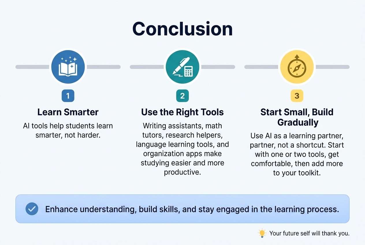 Create a clean, professional infographic in a 3:2 aspect ratio with a full-bleed layout, no frame, no inset margins, and a wide horizontal composition. Use a modern academic style with a white background, deep blue and teal accents, soft gray dividers, and subtle yellow highlights. Use bold sans-serif typography for headings and readable sans-serif body text.

Top center: large bold heading in dark navy text: "Conclusion"

Below the heading, arrange three wide horizontal content blocks across the middle of the canvas, each with a colored icon on the left, a numbered label, and short text. Use a balanced 3-column layout with clear spacing.

Left block:
Blue circular icon with a book and sparkles.
Number label: "1"
Title text: "Learn Smarter"
Body text: "AI tools help students learn smarter, not harder."

Center block:
Teal circular icon with a writing pen and calculator.
Number label: "2"
Title text: "Use the Right Tools"
Body text: "Writing assistants, math tutors, research helpers, language learning tools, and organization apps make studying easier and more productive."

Right block:
Yellow circular icon with a compass and upward arrow.
Number label: "3"
Title text: "Start Small, Build Gradually"
Body text: "Use AI as a learning partner, not a shortcut. Start with one or two tools, get comfortable, then add more to your toolkit."

Along the bottom, add a wide summary banner with a soft blue gradient and a checkmark icon on the left. Include this centered text in dark navy:
"Enhance understanding, build skills, and stay engaged in the learning process."

Add a small footer callout at the lower right with a light bulb icon and the text:
"Your future self will thank you."

Make the layout airy and polished, with strong visual hierarchy, clear section separation, and crisp infographic styling.