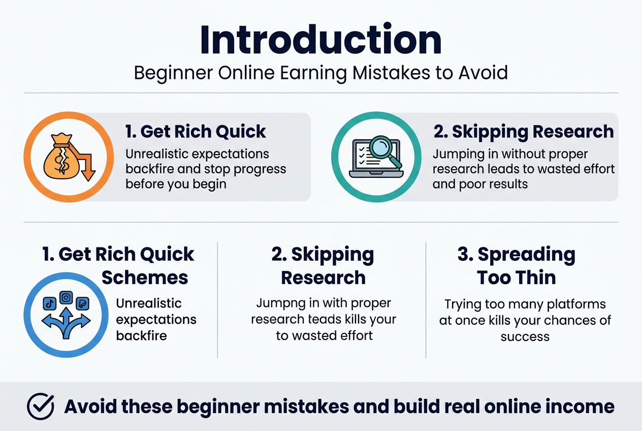 Create a clean, professional full-bleed infographic illustration in a 3:2 landscape aspect ratio. Use a modern flat vector style with a white background, deep navy headings, teal and orange accent colors, subtle gray dividers, and bold sans-serif typography.

Top header across the full width:
- Large bold title text: "Introduction"
- Smaller subtitle text beneath: "Beginner Online Earning Mistakes to Avoid"

Below the header, arrange three wide horizontal content blocks across the page in a balanced multi-column layout, each with a large numbered circle icon on the left and a short text block on the right.

Section 1 on the left:
- Orange circle icon with a broken money bag and downward arrow
- Bold heading text: "1. Get Rich Quick Schemes"
- Smaller body text: "Unrealistic expectations backfire and stop progress before you begin"

Section 2 in the center:
- Teal circle icon with a magnifying glass over a laptop and checklist
- Bold heading text: "2. Skipping Research"
- Smaller body text: "Jumping in without proper research leads to wasted effort and poor results"

Section 3 on the right:
- Blue circle icon with multiple small platform symbols splitting into different directions
- Bold heading text: "3. Spreading Too Thin"
- Smaller body text: "Trying too many platforms at once kills your chances of success"

Add a bottom horizontal banner spanning the width of the infographic with a checkmark icon on the left and bold conclusion text:
- "Avoid these beginner mistakes and build real online income"

Use clear visual hierarchy, generous spacing, crisp icon outlines, and simple clean shapes. Keep the layout wide and airy, with strong alignment and no vertical poster framing.