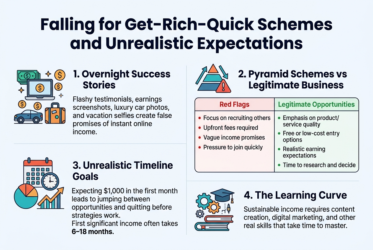 Create a clean professional full-bleed infographic illustration in a 3:2 landscape aspect ratio with a modern flat vector style, crisp typography, and a white background with blue, teal, orange, and red accents.

Top center: large bold title in dark navy text: "Falling for Get-Rich-Quick Schemes and Unrealistic Expectations"

Below the title, organize the content into 4 wide horizontal sections in a 2x2 grid across the page, with clear numbered headings, each section using a simple icon on the left and short text blocks.

Section 1 at upper left: a flashy money icon with a laptop, dollar signs, luxury car, and vacation suitcase. Heading: "1. Overnight Success Stories". Body text: "Flashy testimonials, earnings screenshots, luxury car photos, and vacation selfies create false promises of instant online income."

Section 2 at upper right: a pyramid icon with arrows and a warning symbol. Heading: "2. Pyramid Schemes vs Legitimate Business". Add a side-by-side comparison box inside this section with two columns.
Left column heading in red: "Red Flags"
- "Focus on recruiting others"
- "Upfront fees required"
- "Vague income promises"
- "Pressure to join quickly"
Right column heading in green: "Legitimate Opportunities"
- "Emphasis on product/service quality"
- "Free or low-cost entry options"
- "Realistic earning expectations"
- "Time to research and decide"

Section 3 at lower left: a calendar icon with a clock and upward graph. Heading: "3. Unrealistic Timeline Goals". Body text: "Expecting $1,000 in the first month leads to jumping between opportunities and quitting before strategies work. First significant income often takes 6–18 months."

Section 4 at lower right: a skill-building icon with books, gear, and a graduation cap. Heading: "4. The Learning Curve". Body text: "Sustainable income requires content creation, digital marketing,