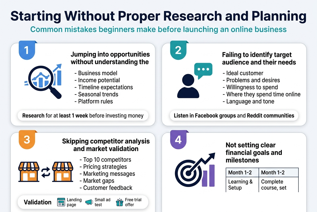 Aspect ratio 3:2, full-bleed professional infographic with a clean modern layout, white background with blue, teal, orange, and dark navy accents, bold sans-serif typography, clear visual hierarchy.

Top header across the full width: large bold title text in dark navy, "Starting Without Proper Research and Planning", with a small subtitle below in teal, "Common mistakes beginners make before launching an online business".

Below the header, a 2x2 grid of four wide rounded-rectangle sections with colored number badges and simple flat icons:

Section 1 top left: blue badge "1" and an icon of a magnifying glass over a market chart. Heading text: "Jumping into opportunities without understanding the market". Short bullet text:
- "Business model"
- "Income potential"
- "Timeline expectations"
- "Seasonal trends"
- "Platform rules"
Add a small callout box at the bottom of this section with bold text: "Research for at least 1 week before investing money".

Section 2 top right: teal badge "2" and an icon of a person silhouette with audience speech bubbles. Heading text: "Failing to identify target audience and their needs". Short bullet text:
- "Ideal customer"
- "Problems and desires"
- "Willingness to spend"
- "Where they spend time online"
- "Language and tone"
Add a small callout box: "Listen in Facebook groups and Reddit communities".

Section 3 bottom left: orange badge "3" and an icon of two competing storefronts with a comparison arrows symbol. Heading text: "Skipping competitor analysis and market validation". Short bullet text:
- "Top 10 competitors"
- "Pricing strategies"
- "Marketing messages"
- "Market gaps"
- "Customer feedback"
Add a validation mini-row with three small icons and labels: "Landing page", "Small ad test", "Free trial offer".

Section 4 bottom right: purple badge "4" and an icon of a target with a rising line chart. Heading text: "Not setting clear financial goals and milestones". Include a small table-like block with thin lines and readable text:
"Month 1-2 | Learning & Setup | Complete course, set