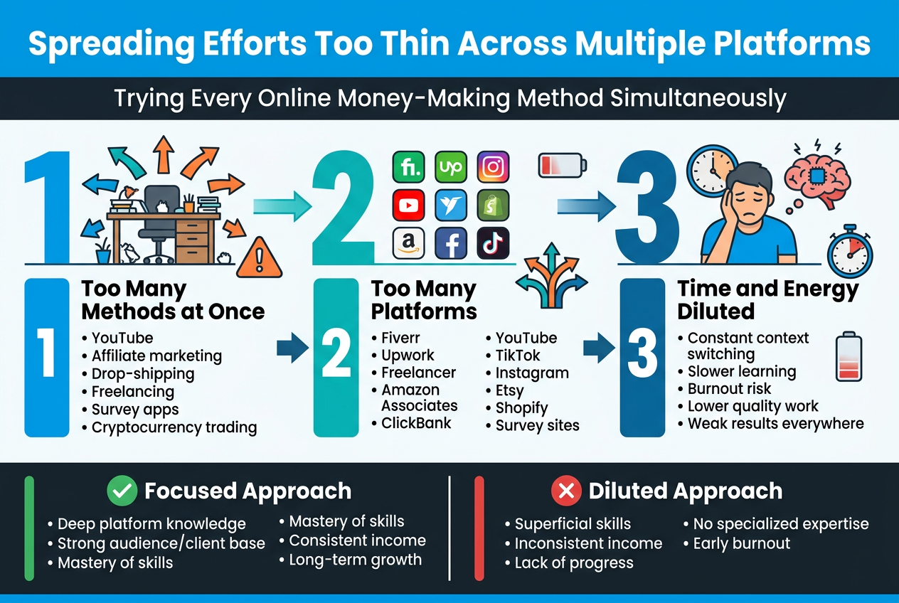 Aspect ratio 3:2, full-bleed clean professional infographic, modern flat vector style, white background with blue, teal, orange, and dark gray accents, bold sans-serif fonts, strong hierarchy, wide horizontal layout with multiple sections and icon-based blocks.

Top across full width: large bold heading text: "Spreading Efforts Too Thin Across Multiple Platforms"

Under the heading, a smaller subtitle line in dark gray: "Trying Every Online Money-Making Method Simultaneously"

Main body arranged in 3 wide horizontal columns with connected arrows and icons:

Left column, large numbered block "1" with a cluttered desk / scattered arrows icon. Heading text: "Too Many Methods at Once". Under it, short bullet text:
"• YouTube"
"• Affiliate marketing"
"• Drop-shipping"
"• Freelancing"
"• Survey apps"
"• Cryptocurrency trading"
Add a small warning triangle icon near the block.

Center column, large numbered block "2" with a grid of app logos as generic platform tiles. Heading text: "Too Many Platforms". Under it, short bullet text:
"• Fiverr"
"• Upwork"
"• Freelancer"
"• Amazon Associates"
"• ClickBank"
"• YouTube"
"• TikTok"
"• Instagram"
"• Etsy"
"• Shopify"
"• Survey sites"
Add a split-attention icon with multiple small arrows pointing in different directions.

Right column, large numbered block "3" with a tired person / clock / overloaded brain icon. Heading text: "Time and Energy Diluted". Under it, short bullet text:
"• Constant context switching"
"• Slower learning"
"• Burnout risk"
"• Lower quality work"
"• Weak results everywhere"
Add a fading battery icon and a stopwatch icon.

Bottom band across full width, split into two comparison panels with a clear vertical divider:

Left bottom panel, green accent, checkmark icon, heading text: "Focused Approach"
Bullets:
"• Deep platform knowledge"
"• Strong audience/client base"
"•