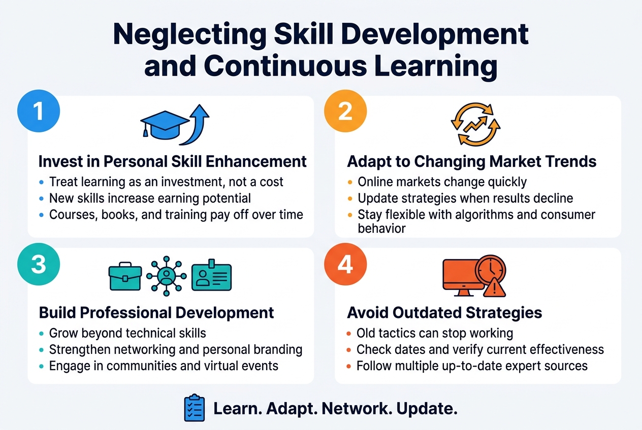 Create a clean, modern full-bleed infographic illustration in a 3:2 landscape aspect ratio with a professional digital-business style. Use a white background with blue, teal, and orange accents, dark navy typography, and simple flat vector icons. Place a bold header across the top.

Top center title in large bold sans-serif text:
"Neglecting Skill Development and Continuous Learning"

Below the title, arrange four wide horizontal content blocks in a 2x2 grid, each with a numbered badge, an icon, a short heading, and 2–3 concise bullet lines.

Top left block:
Blue circular badge with "1"
Icon: graduation cap and upward arrow
Heading: "Invest in Personal Skill Enhancement"
Bullets:
"Treat learning as an investment, not a cost"
"New skills increase earning potential"
"Courses, books, and training pay off over time"

Top right block:
Orange circular badge with "2"
Icon: rotating arrows around a trending graph
Heading: "Adapt to Changing Market Trends"
Bullets:
"Online markets change quickly"
"Update strategies when results decline"
"Stay flexible with algorithms and consumer behavior"

Bottom left block:
Teal circular badge with "3"
Icon: briefcase, network nodes, and profile card
Heading: "Build Professional Development"
Bullets:
"Grow beyond technical skills"
"Strengthen networking and personal branding"
"Engage in communities and virtual events"

Bottom right block:
Red-orange circular badge with "4"
Icon: outdated computer monitor and clock with a warning symbol
Heading: "Avoid Outdated Strategies"
Bullets:
"Old tactics can stop working"
"Check dates and verify current effectiveness"
"Follow multiple up-to-date expert sources"

Add a slim footer band across the bottom with a small checklist icon and bold text:
"Learn. Adapt. Network. Update."

Use clear visual hierarchy, ample spacing, crisp lines, and evenly aligned section cards. Make the layout wide and balanced with no vertical poster framing.