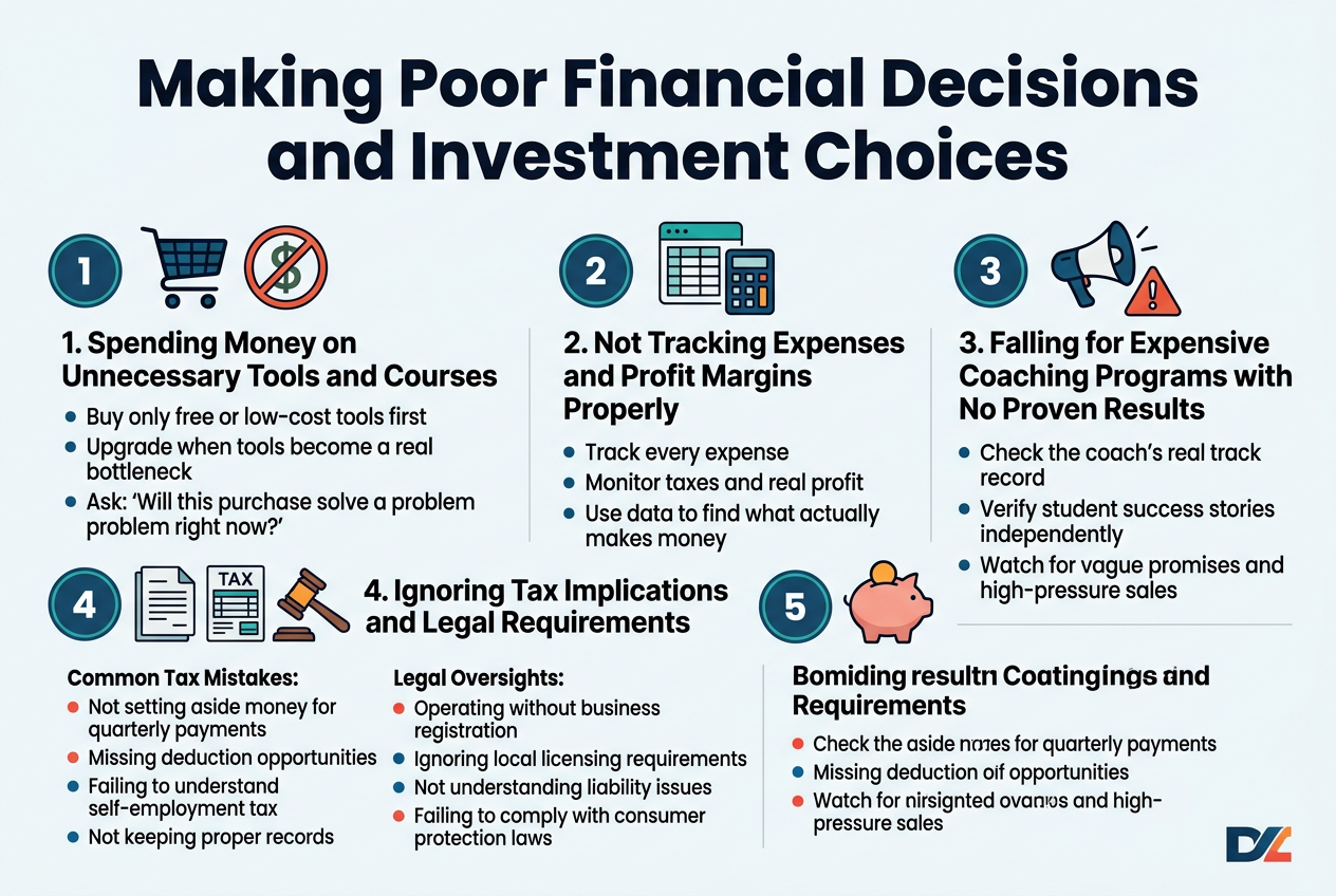 Create a full-bleed 3:2 infographic with a clean modern professional style, wide horizontal layout, white background with deep blue, teal, orange, and red accents, bold sans-serif typography, strong visual hierarchy, and clear section dividers.

Top center: large bold title in dark navy text: "Making Poor Financial Decisions and Investment Choices"

Below the title, arrange five wide horizontal content blocks across the canvas in a balanced multi-column layout, each block with a numbered circle, a clear icon, a bold subheading, and short bullet text.

1) Left top block with a shopping cart icon and a crossed-out dollar sign:
Bold subheading: "1. Spending Money on Unnecessary Tools and Courses"
Bullet text:
"Buy only free or low-cost tools first"
"Upgrade when tools become a real bottleneck"
"Ask: 'Will this purchase solve a problem right now?'"

2) Top middle-right block with a spreadsheet icon and calculator icon:
Bold subheading: "2. Not Tracking Expenses and Profit Margins Properly"
Bullet text:
"Track every expense"
"Monitor taxes and real profit"
"Use data to find what actually makes money"

3) Top far-right block with a coaching megaphone icon and warning triangle:
Bold subheading: "3. Falling for Expensive Coaching Programs with No Proven Results"
Bullet text:
"Check the coach's real track record"
"Verify student success stories independently"
"Watch for vague promises and high-pressure sales"

4) Bottom left wide block with a document icon, tax form, and gavel icon:
Bold subheading: "4. Ignoring Tax Implications and Legal Requirements"
Use two short sublists inside the block with small red and blue bullet icons.

Subheading line: "Common Tax Mistakes:"
Bullets:
"Not setting aside money for quarterly payments"
"Missing deduction opportunities"
"Failing to understand self-employment tax"
"Not keeping proper records"

Subheading line: "Legal Oversights:"
Bullets:
"Operating without business registration"
"Ignoring local licensing requirements"
"Not understanding liability issues"
"Failing to comply with consumer protection laws"

5) Bottom center-right wide block with a pig