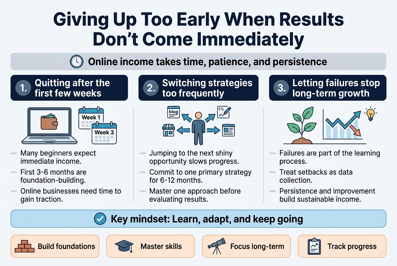Create a clean, professional full-bleed infographic in 3:2 aspect ratio with a modern flat vector style, crisp typography, and a balanced wide horizontal layout. Use a white background with deep navy headings, teal and blue accents, soft orange warning highlights, and subtle gray dividers. Bold sans-serif font for titles, smaller readable sans-serif for body text. No frame, no inset border, no narrow vertical stack.

Top center: large bold title in dark navy text: "Giving Up Too Early When Results Don't Come Immediately"

Under the title, place a wide horizontal subtitle bar with a small clock icon on the left and the text: "Online income takes time, patience, and persistence"

Main content organized into 3 wide horizontal sections across the canvas, each with a numbered circle, a clear icon, and a short text block.

LEFT SECTION:
Header in navy: "1. Quitting after the first few weeks"
Icon: a laptop with a small empty wallet and a calendar showing "Week 1" and "Week 3"
Text in three short lines:
"Many beginners expect immediate income."
"First 3-6 months are foundation-building."
"Online businesses need time to gain traction."

CENTER SECTION:
Header in navy: "2. Switching strategies too frequently"
Icon: a person standing at a crossroads with arrows pointing to blog, store, freelance, and content icons
Text in three short lines:
"Jumping to the next shiny opportunity slows progress."
"Commit to one primary strategy for 6-12 months."
"Master one approach before evaluating results."

RIGHT SECTION:
Header in navy: "3. Letting failures stop long-term growth"
Icon: a growing plant beside a chart with a few dips and an upward arrow, plus a small lightbulb
Text in three short lines:
"Failures are part of the learning process."
"Treat setbacks as data collection."
"Persistence and improvement build sustainable income."

Bottom wide banner across the full width with a light blue background and a checkmark icon on the left. Include the text:
"Key mindset: Learn, adapt, and keep going"

Add a bottom row of 4 small rounded boxes with icons and short labels, evenly spaced across the width:
"Build foundations" with a brick stack icon
"