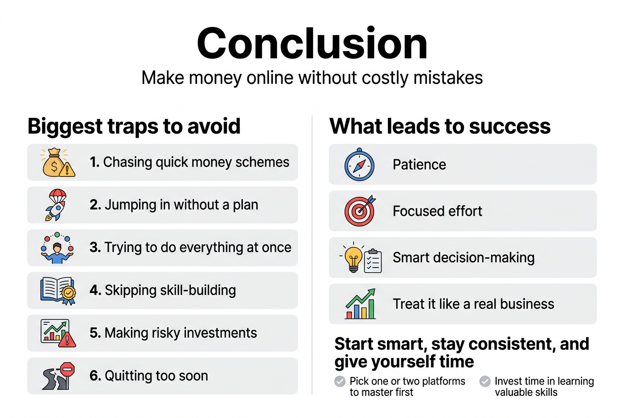 Create a clean professional infographic illustration in a 3:2 landscape aspect ratio, full-bleed layout with no frame, no inset margins, and a wide horizontal composition.

At the top, place a bold large heading in modern sans-serif font:
"Conclusion"

Directly beneath the heading, add a smaller subtitle:
"Make money online without costly mistakes"

Use a split layout with two wide columns and clear visual hierarchy.

LEFT COLUMN: a section titled in bold:
"Biggest traps to avoid"
Use six stacked numbered blocks, each with a simple flat icon and short text:

1. A glowing money bag icon with a warning sign, text:
"1. Chasing quick money schemes"

2. A parachute-free startup rocket icon, text:
"2. Jumping in without a plan"

3. A juggling hands icon with too many items, text:
"3. Trying to do everything at once"

4. An open book and skill badge icon, text:
"4. Skipping skill-building"

5. A risky investment chart icon with a red warning triangle, text:
"5. Making risky investments"

6. A broken path or stop sign icon, text:
"6. Quitting too soon"

RIGHT COLUMN: a section titled in bold:
"What leads to success"
Use four clean horizontal blocks with icons:

A compass icon, text:
"Patience"

A target icon, text:
"Focused effort"

A lightbulb and checklist icon, text:
"Smart decision-making"

A growth chart icon, text:
"Treat it like a real business"

BOTTOM FULL-WIDTH CALLOUT BAR across both columns with a bold headline:
"Start smart, stay consistent, and give yourself time"

Below it, include three short callout statements with small check icons:
"Pick one or two platforms to master first"
"Invest time in learning valuable skills