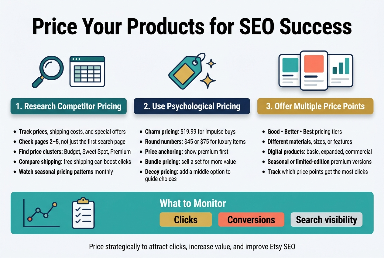 Create a full-bleed 3:2 infographic in a clean modern style for an Etsy pricing strategy guide. Use a white background with teal, navy, gold, coral, and light gray accents. Use bold sans-serif typography, strong hierarchy, and wide horizontal section blocks across the canvas. Place a large bold title at the top center: "Price Your Products for SEO Success".
Across the upper half, place 3 main horizontal panels with icons and short bullet text:
Left panel: a magnifying glass and spreadsheet icon. Heading: "1. Research Competitor Pricing". Include bullets:
"Track prices, shipping costs, and special offers"
"Check pages 2–5, not just the first search page"
"Find price clusters: Budget, Sweet Spot, Premium"
"Compare shipping: free shipping can boost clicks"
"Watch seasonal pricing patterns monthly"
Center panel: a price tag and sparkle icon. Heading: "2. Use Psychological Pricing". Include bullets:
"Charm pricing: $19.99 for impulse buys"
"Round numbers: $45 or $75 for luxury items"
"Price anchoring: show premium first"
"Bundle pricing: sell a set for more value"
"Decoy pricing: add a middle option to guide choices"
Right panel: three stacked product cards with a bar chart icon. Heading: "3. Offer Multiple Price Points". Include bullets:
"Good • Better • Best pricing tiers"
"Different materials, sizes, or features"
"Digital products: basic, expanded, commercial"
"Seasonal or limited-edition premium versions"
"Track which price points get the most clicks"
Across the bottom, add a wide results strip with a line graph icon and a checklist icon. Heading: "What to Monitor". Include 3 metric callouts in colored boxes:
"Clicks"
"Conversions"
"Search visibility"
Add a small footer line in the bottom center: "Price strategically to attract clicks, increase value, and improve Etsy SEO". Use clean iconography, balanced spacing, subtle shadows, and a professional infographic layout with no vertical poster frame.