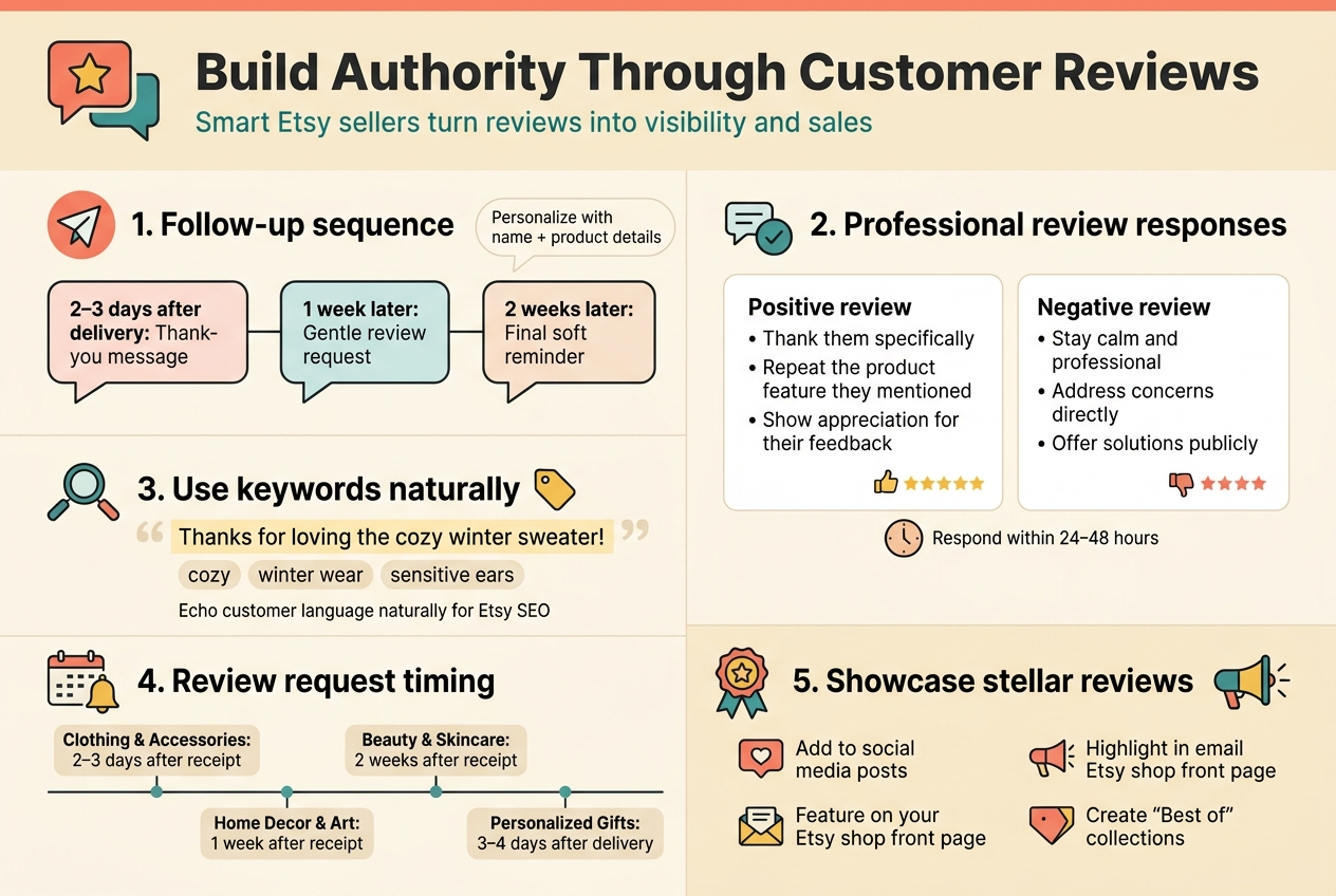 Create a full-bleed 3:2 landscape infographic with a clean professional Etsy-style design, soft cream background, coral, teal, warm yellow, and dark charcoal accents, modern sans-serif fonts, bold title at the top: "Build Authority Through Customer Reviews".
Use a wide multi-section layout with clear icons and numbered blocks, not a vertical poster. Include five main horizontal content sections with simple flat vector icons.
Top section: a large header bar with a star-and-chat icon, title centered-left in bold dark charcoal, and a small subtitle beneath in teal: "Smart Etsy sellers turn reviews into visibility and sales".
Section 1 on the upper left, labeled "1. Follow-up sequence" with a paper airplane or message icon, three connected message bubbles in a row:
- "2–3 days after delivery: Thank-you message"
- "1 week later: Gentle review request"
- "2 weeks later: Final soft reminder"
Add a small note in a rounded box: "Personalize with name + product details"
Section 2 on the upper right, labeled "2. Professional review responses" with a speech bubble and checkmark icon, split into two side-by-side cards:
Positive review card:
- "Thank them specifically"
- "Repeat the product feature they mentioned"
- "Show appreciation for their feedback"
Negative review card:
- "Stay calm and professional"
- "Address concerns directly"
- "Offer solutions publicly"
Add a small clock icon and text below both cards: "Respond within 24–48 hours"
Middle section spanning the width, labeled "3. Use keywords naturally" with a magnifying glass and tag icon, show a sample reply in a highlighted quote box:
"Thanks for loving the cozy winter sweater!"
Under it, add three keyword chips: "cozy", "winter wear", "sensitive ears"
Add a short caption beneath: "Echo customer language naturally for Etsy SEO"
Lower left section, labeled "4. Review request timing" with a calendar and bell icon, use a clean mini-timeline with four timing callouts:
- "Clothing & accessories: