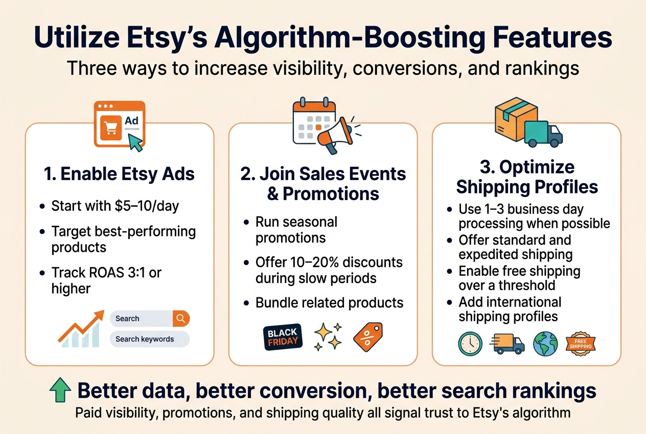 Create a clean, professional full-bleed infographic in a 3:2 aspect ratio about Etsy SEO growth tactics, using a modern flat vector style with soft cream background, Etsy orange accents, teal highlights, dark navy text, and subtle gray dividers. Place a bold, large top heading across the full width: "Utilize Etsy’s Algorithm-Boosting Features". Add a smaller subtitle under the heading: "Three ways to increase visibility, conversions, and rankings".
Use a wide 3-column layout across the middle of the design, with each section in a rounded rectangle card and a matching icon at the top of each card.
Left card: orange shopping ad icon and title "1. Enable Etsy Ads". Include three short bullet points:
• "Start with $5–10/day"
• "Target best-performing products"
• "Track ROAS 3:1 or higher"
Add a small mini graphic of an upward trend line and search keywords.
Center card: calendar and megaphone icon and title "2. Join Sales Events & Promotions". Include three bullet points:
• "Run seasonal promotions"
• "Offer 10–20% discounts during slow periods"
• "Bundle related products"
Add small icons for Black Friday, seasonal sparkles, and a discount tag.
Right card: shipping box and truck icon and title "3. Optimize Shipping Profiles". Include four bullet points:
• "Use 1–3 business day processing when possible"
• "Offer standard and expedited shipping"
• "Enable free shipping over a threshold"
• "Add international shipping profiles"
Add a small icon row showing a clock, truck, globe, and free shipping badge.
Along the bottom, add a horizontal takeaway banner with a green upward arrow and the text: "Better data, better conversion, better search rankings". Include a small supporting line beneath it: "Paid visibility, promotions, and shipping quality all signal trust to Etsy’s algorithm".
Use clear sans-serif typography with strong hierarchy: bold titles, medium-weight bullets, smaller supporting text. Keep spacing balanced, icons colorful and simple, and all text crisp and readable. No border frame; the design should fill the entire canvas edge to edge.