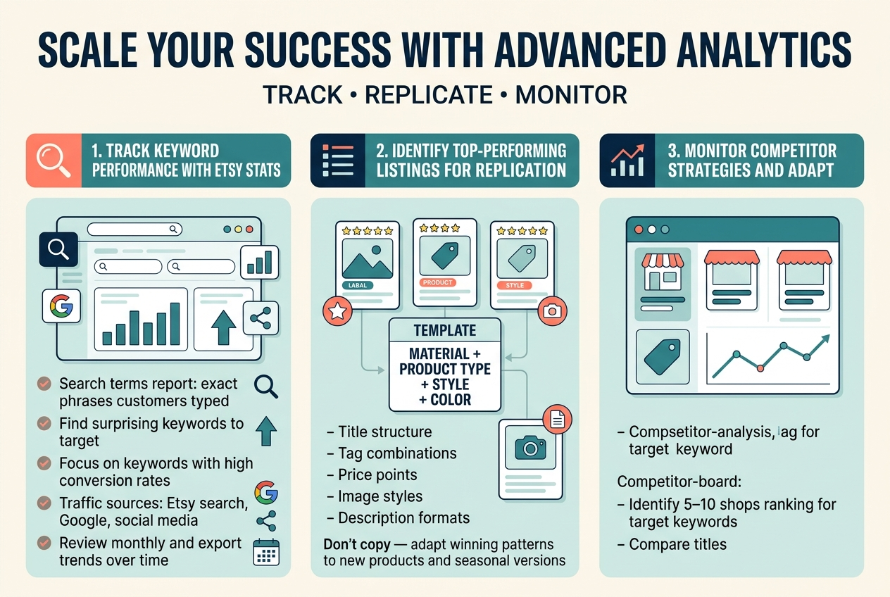 Create a clean, professional full-bleed infographic illustration in 3:2 aspect ratio with a light cream background, teal and navy color palette, and coral accent highlights. Use modern sans-serif fonts with bold uppercase heading at the top.
Top header across full width:
Large title text: "Scale Your Success with Advanced Analytics"
Smaller subtitle text beneath: "Track • Replicate • Monitor"
Layout: three wide horizontal content blocks across the page, arranged in a balanced left-to-right flow with icons and short bullet text, not a narrow centered stack.
LEFT SECTION:
Header bar with a magnifying glass icon and the text: "1. Track Keyword Performance with Etsy Stats"
Inside the block, show a dashboard-style card with charts and search bars.
Include these bullet points with small check icons:
- "Search terms report: exact phrases customers typed"
- "Find surprising keywords to target"
- "Focus on keywords with high conversion rates"
- "Traffic sources: Etsy search, Google, social media"
- "Review monthly and export trends over time"
Add small visual symbols: search icon, bar chart, upward arrow, Google-style globe icon, social media share icon, calendar icon.
CENTER SECTION:
Header bar with a stacked-list icon and the text: "2. Identify Top-Performing Listings for Replication"
Show five product cards/cards with stars and labels, connected by a subtle template arrow.
Include these bullet points:
- "Title structure"
- "Tag combinations"
- "Price points"
- "Image styles"
- "Description formats"
Add a central template card with the formula text: "Material + Product Type + Style + Color"
Add a smaller note at the bottom: "Don’t copy — adapt winning patterns to new products and seasonal versions"
Use icons of a star, tag, price tag, camera, and document.
RIGHT SECTION:
Header bar with a competitor-analysis icon and the text: "3. Monitor Competitor Strategies and Adapt"
Show a comparison board with shop cards, a price tag, and a trend line.
Include these bullet points:
- "Identify 5–10 shops ranking for target keywords"
- "Compare titles,