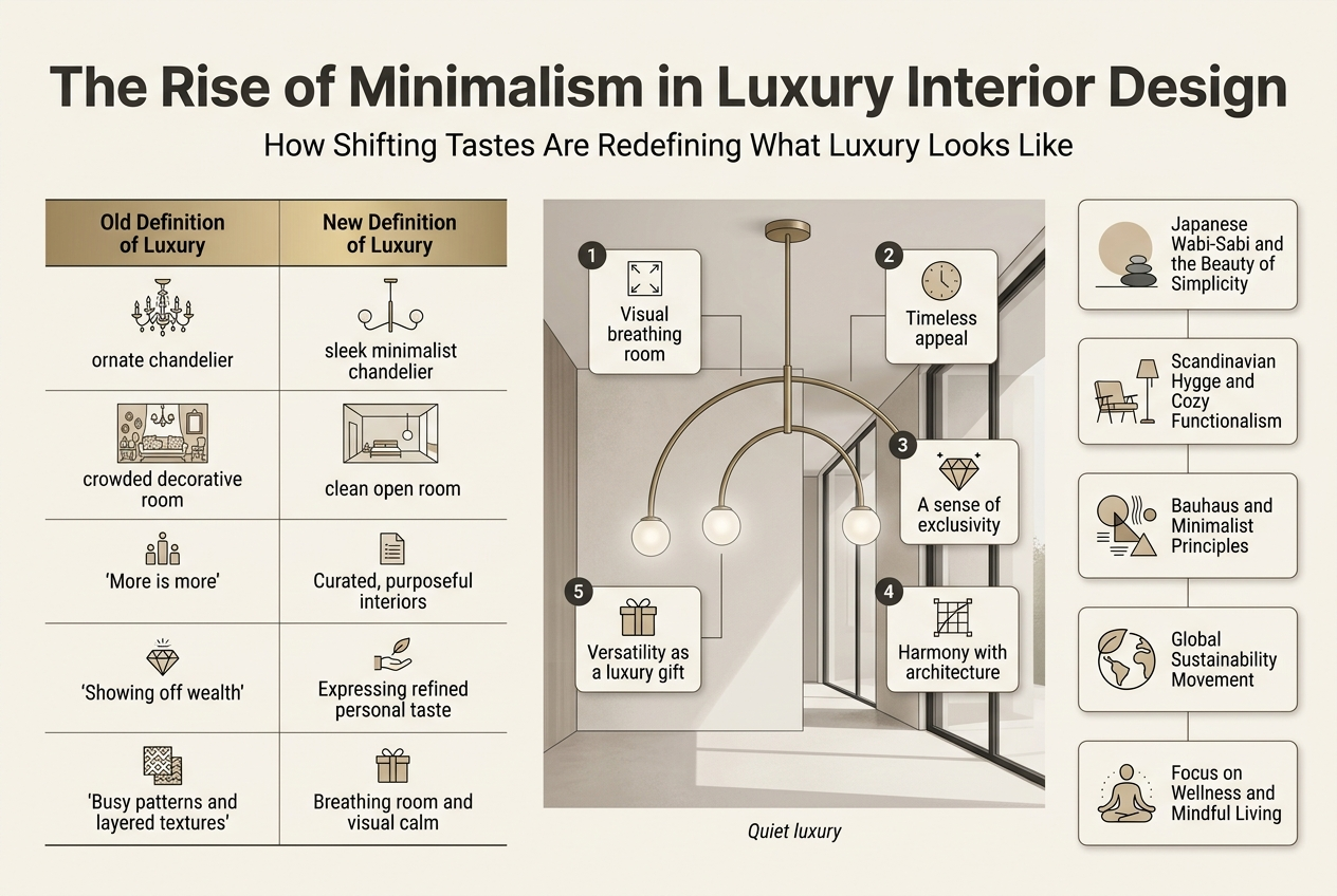 Full-bleed wide infographic illustration in 3:2 aspect ratio, clean luxury editorial style, modern minimalist interior design theme, soft warm neutral palette of ivory, beige, charcoal, brushed brass, and muted gray, subtle high-end texture, elegant sans-serif typography with bold title and clear section hierarchy.

Top across full width: large bold heading in dark charcoal text, exact text: "The Rise of Minimalism in Luxury Interior Design"
Directly below in smaller refined subtitle text: "How Shifting Tastes Are Redefining What Luxury Looks Like"

Main layout: wide horizontal composition with three main sections across the page, using clean blocks, icons, and minimal line dividers.

Left section: a two-column comparison table with a thin brass header bar and clear labels.
Table title: "Old Definition of Luxury" on the left and "New Definition of Luxury" on the right.
Five comparison rows with small icons in each row:
1. ornate chandelier icon vs sleek minimalist chandelier icon
2. crowded decorative room icon vs clean open room icon
3. "More is more" vs "Curated, purposeful interiors"
4. "Showing off wealth" vs "Expressing refined personal taste"
5. "Busy patterns and layered textures" vs "Breathing room and visual calm"
Use concise, readable text exactly as written.

Center section: a large focal illustration of a modern minimalist chandelier hanging in a refined contemporary room with open space, floor-to-ceiling glass, and calm negative space; chandelier shown as brushed brass arc with frosted glass globes, sculptural and understated. Around it, five small numbered callout boxes with icons:
1. Open space icon, text: "Visual breathing room"
2. Clock icon, text: "Timeless appeal"
3. Diamond icon, text: "A sense of exclusivity"
4. Architectural grid icon, text: "Harmony with architecture"
5. Gift box icon, text: "Versatility as a luxury gift"
Include a small caption beneath the chandelier illustration in elegant italic text: "Quiet luxury"

Right section: a vertical stack of five cultural influence cards, each with a distinct minimalist icon and short heading, connected by thin lines:
1. Japanese circle and stone icon, heading: "Japanese Wabi-Sabi and the Beauty of Simplicity