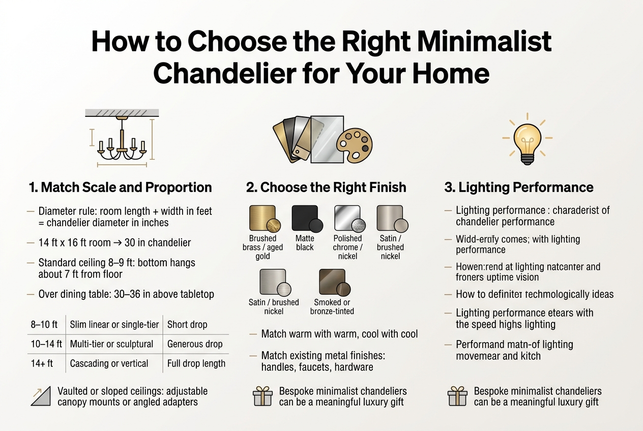 Create a full-bleed professional infographic illustration in a clean modern luxury style, aspect ratio 3:2, with a wide landscape layout and no poster frame. Use a white or very light warm-gray background, matte black headings, brushed brass and soft gold accents, subtle charcoal lines, and elegant sans-serif typography with bold section headers.

Top center: large bold title text in quotes: "How to Choose the Right Minimalist Chandelier for Your Home"

Under the title, arrange three wide horizontal content blocks across the page in a 3-column or staggered grid, each with a clear icon and numbered heading:

LEFT BLOCK — scale and proportion:
Use an icon of a chandelier under a ceiling with measurement lines.
Heading: "1. Match Scale and Proportion"
Include these short text lines:
"Diameter rule: room length + width in feet = chandelier diameter in inches"
"14 ft x 16 ft room → 30 in chandelier"
"Standard ceiling 8–9 ft: bottom hangs about 7 ft from floor"
"Over dining table: 30–36 in above tabletop"
Add a small table with three rows:
"8–10 ft | Slim linear or single-tier | Short drop"
"10–14 ft | Multi-tier or sculptural | Generous drop"
"14+ ft | Cascading or vertical | Full drop length"
Add a small angled ceiling icon note: "Vaulted or sloped ceilings: adjustable canopy mounts or angled adapters"

CENTER BLOCK — finish and décor:
Use an icon of metal swatches, glass, and a paint palette.
Heading: "2. Choose the Right Finish"
Show five labeled finish chips or swatches with tiny material icons:
"Brushed brass / aged gold"
"Matte black"
"Polished chrome / nickel"
"Satin / brushed nickel"
"Smoked or bronze-tinted glass"
Add a short line below:
"Match warm with warm, cool with cool"
"Match existing metal finishes: handles, faucets, hardware"
Add a small elegant gift icon note:
"Bespoke minimalist chandeliers can be a meaningful luxury gift"

RIGHT BLOCK — lighting performance:
Use an icon of a glowing bulb