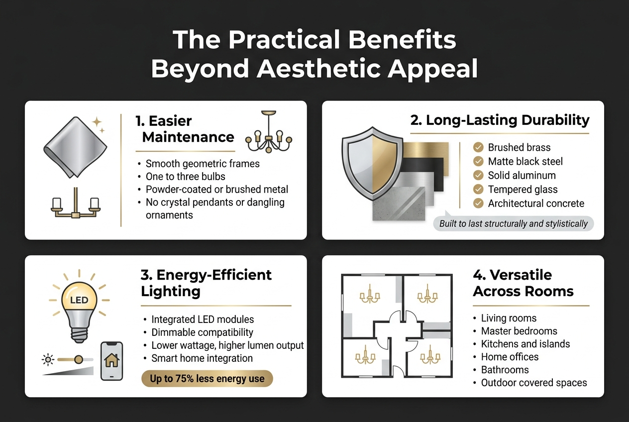 Create a full-bleed professional infographic in a 3:2 aspect ratio with a clean luxury interior design aesthetic, dark charcoal background with white space accents, brushed gold and soft gray highlights, modern sans-serif fonts, and clear visual hierarchy.

Top center, large bold heading text: “The Practical Benefits Beyond Aesthetic Appeal”

Below the title, arrange four wide horizontal sections or cards across the page in a balanced 2x2 grid, each with a simple elegant icon, a numbered label, a bold subheading, and short bullet text. Use thin gold dividers, minimal geometric shapes, and polished premium styling.

Section 1, top left: include a silver microfiber cloth icon and a simplified chandelier with fewer parts.
Bold subheading text: “1. Easier Maintenance”
Bullets:
- “Smooth geometric frames”
- “One to three bulbs”
- “Powder-coated or brushed metal”
- “No crystal pendants or dangling ornaments”

Section 2, top right: include a shield icon beside durable material samples.
Bold subheading text: “2. Long-Lasting Durability”
Include a neat vertical material list with small check icons:
- “Brushed brass”
- “Matte black steel”
- “Solid aluminum”
- “Tempered glass”
- “Architectural concrete”
Small caption line under the list: “Built to last structurally and stylistically”

Section 3, bottom left: include a glowing LED bulb icon, a dimmer slider icon, and a small smart home app symbol.
Bold subheading text: “3. Energy-Efficient Lighting”
Bullets:
- “Integrated LED modules”
- “Dimmable compatibility”
- “Lower wattage, higher lumen output”
- “Smart home integration”
Small highlighted statistic badge: “Up to 75% less energy use”

Section 4, bottom right: include a multi-room floor plan icon with small chandelier symbols in different rooms.
Bold subheading text: “4. Versatile Across Rooms”
Bullets:
- “Living rooms”
- “Master bedrooms”
- “Kitchens and islands”
- “Home offices”
- “Bathrooms”
- “Outdoor covered spaces”
Small