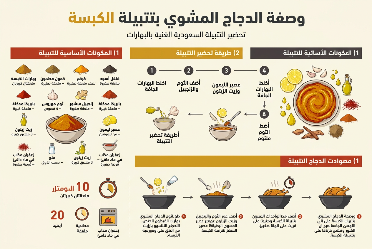 من الكبسة للمندي: 5 وصفات سعودية أصيلة لا غنى عنها في قلايتك الهوائية(بأقل زيت) Create a full-bleed professional infographic in Arabic, aspect ratio 3:2, clean modern food design, warm Arabic kitchen palette with gold, saffron, red, charcoal, and cream, crisp sans-serif Arabic typography, clear hierarchy, no borders, no inset frame, wide horizontal multi-section layout.
Top full-width header: bold large title centered in dark charcoal and saffron accents: "وصفة الدجاج المشوي بتتبيلة الكبسة"
Subtitle directly below in smaller text: "تحضير التتبيلة السعودية الغنية بالبهارات"
Main layout: three wide horizontal sections across the page with illustrated icons, ingredient blocks, timer blocks, and cooking steps.
LEFT SECTION titled in a colored banner: "1) المكونات الأساسية للتتبيلة"
Show a neat ingredient grid with small icons next to each item and the exact text:
- "بهارات الكبسة — ملعقتان كبيرتان"
- "كمون مطحون — ملعقة صغيرة"
- "كركم — نصف ملعقة صغيرة"
- "فلفل أسود — ملعقة صغيرة"
- "بابريكا مدخنة — ملعقة كبيرة"
- "ثوم مهروس — 4 فصوص"
- "زنجبيل مبشور طازج — ملعقة صغيرة"
- "عصير ليمون — من ليمونتين"
- "زيت زيتون — 3 ملاعق كبيرة"
- "ملح — حسب الذوق"
- "زعفران مذاب في ماء دافئ — قرصة صغيرة"
Add a bowl icon with golden-red spice paste, lemon slices, garlic cloves, olive oil drops, saffron threads, and powdered spices.
CENTER SECTION titled: "2) طريقة تحضير التتبيلة"
Use a 4-step horizontal process with numbered circles and a bowl illustration:
1. "اخلط البهارات الجافة"
2. "أضف الثوم والزنجبيل"
3. "أضف عصير الليمون وزيت الزيتون"
4. "أض