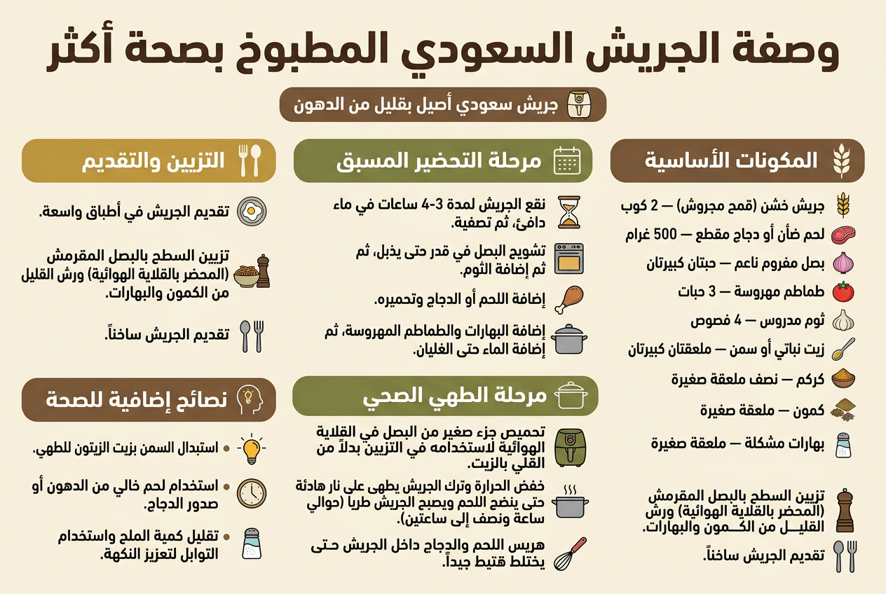 من الكبسة للمندي: 5 وصفات سعودية أصيلة لا غنى عنها في قلايتك الهوائية(بأقل زيت) تصميم إنفوجرافيك عربي أفقي بنسبة 3:2، بأسلوب حديث ونظيف، ألوان دافئة تراثية: بيج، بني، أخضر زيتوني، ذهبي، وأحمر طماطم، مع خطوط عربية واضحة وحديثة، خلفية فاتحة كاملة بدون إطار أو هامش poster، تخطيط واسع متعدد الأقسام.
ضع في الأعلى عنوان كبير وعريض في المنتصف:
"وصفة الجريش السعودي المطبوخ بصحة أكثر"
أسفل العنوان مباشرة شريط صغير مع أيقونة قمح وأيقونة قلاية هوائية ونص:
"جريش سعودي أصيل بقليل من الدهون"
قسّم التصميم إلى 5 أقسام أفقية واضحة مع عناوين بارزة وأيقونات لكل قسم:
1) قسم يسار علوي بعنوان:
"المكونات الأساسية"
أضف أيقونات صغيرة بجانب كل عنصر:
- أيقونة سنابل قمح: "جريش خشن (قمح مجروش) — 2 كوب"
- أيقونة لحم: "لحم ضأن أو دجاج مقطع — 500 غرام"
- أيقونة بصل: "بصل مفروم ناعم — حبتان كبيرتان"
- أيقونة طماطم: "طماطم مهروسة — 3 حبات"
- أيقونة ثوم: "ثوم مدروس — 4 فصوص"
- أيقونة ملعقة زيت: "زيت نباتي أو سمن — ملعقتان كبيرتان"
- أيقونة بهارات: "كركم — نصف ملعقة صغيرة"
- أيقونة كمون: "كمون — ملعقة صغيرة"
- أيقونة خلطة بهارات: "بهارات مشكلة — ملعقة صغيرة"
- أيقونة ملح:
