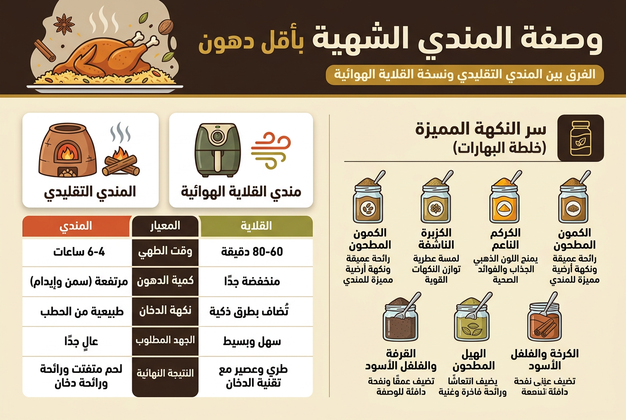 من الكبسة للمندي: 5 وصفات سعودية أصيلة لا غنى عنها في قلايتك الهوائية(بأقل زيت) Create a full-bleed professional Arabic infographic illustration in aspect ratio 3:2, with a clean modern food-magazine style, warm beige background, deep brown, gold, olive green, and terracotta accents, bold Arabic sans-serif typography, strong visual hierarchy, crisp icons, and wide multi-section horizontal layout.
TOP HEADER:
- Large bold title centered at the top in dark brown text: "وصفة المندي الشهية بأقل دهون"
- Small subtitle beneath it in gold text: "الفرق بين المندي التقليدي ونسخة القلاية الهوائية"
- Add a subtle illustration of a roasted chicken rice platter with steam and spices across the top band
SECTION 1, LEFT HALF: COMPARISON PANEL
- Two side-by-side comparison cards with clear icons:
1) Left card with a traditional clay oven, firewood, smoke icon, and text:
"المندي التقليدي"
2) Right card with an air fryer icon, hot air swirl icon, and text:
"مندي القلاية الهوائية"
- Place a clean comparison table below the cards with 5 rows and 3 columns, using icons in the first column and Arabic text exactly as follows:
"المعيار"
"وقت الطهي" | "4-6 ساعات" | "60-80 دقيقة"
"كمية الدهون" | "مرتفعة (سمن وإيدام)" | "منخفضة جدًا"
"نكهة الدخان" | "طبيعية من الحطب" | "تُضاف بطرق ذكية"
"الجهد المطلوب" | "عالٍ جدًا" | "سهل وبسيط"
"النتيجة النهائية" | "لحم متفتت ورائحة دخان" | "طري وعصير مع تقنية الدخان"
- Use red/orange highlights for traditional side and green/gold highlights for air fryer side
SECTION 2, RIGHT HALF: SECRETE SPICE BLEND
- Title block with spice jar icon and heading:
"
