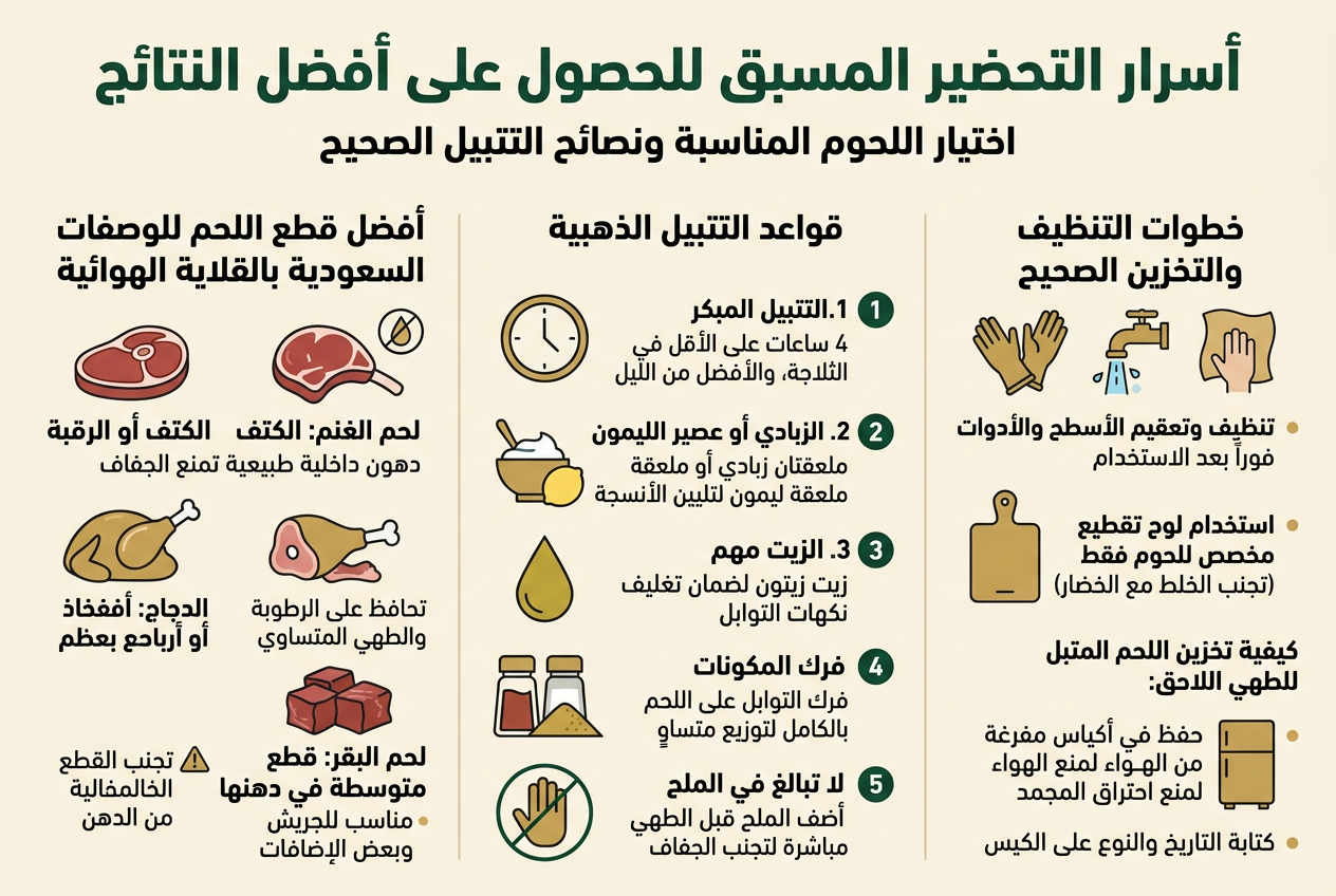 من الكبسة للمندي: 5 وصفات سعودية أصيلة لا غنى عنها في قلايتك الهوائية(بأقل زيت) Create a full-bleed professional Arabic infographic illustration in a 3:2 landscape aspect ratio, clean modern flat design, warm Saudi culinary color palette of deep green, gold, beige, white, and dark charcoal accents, crisp Arabic sans-serif typography with bold headings and clear hierarchy, no frame border, no empty margins, wide multi-column layout.
TOP HEADER: large bold title centered across the top in dark green:
"أسرار التحضير المسبق للحصول على أفضل النتائج"
SUBHEADER directly below in smaller bold text:
"اختيار اللحوم المناسبة ونصائح التتبيل الصحيح"
MAIN LAYOUT: use three wide horizontal sections across the canvas with icons and short text blocks.
LEFT SECTION titled in bold:
"أفضل قطع اللحم للوصفات السعودية بالقلاية الهوائية"
Place three illustrated food icons with labels and short notes:
1) A lamb cut icon with a small fat marbling symbol, text:
"لحم الغنم: الكتف أو الرقبة"
"دهون داخلية طبيعية تمنع الجفاف"
2) A chicken thigh and drumstick icon with bone visible, text:
"الدجاج: أفخاذ أو أرباع بعظم"
"تحافظ على الرطوبة والطهي المتساوي"
3) A beef cubes icon, text:
"لحم البقر: قطع متوسطة في دهنها"
"مناسب للجريش وبعض الإضافات"
Add a small warning triangle beside:
"تجنب القطع الخالية من الدهن"
CENTER SECTION titled in bold:
"قواعد التتبيل الذهبية"
Use five numbered circular markers with matching icons:
1. clock icon, text:
"1. التتبيل المبكر"
"4 ساعات على الأقل في الثلاجة، والأفضل من الليل"
2. yogurt bowl and lemon icon, text:
"2. الزبادي أو عصير الليمون"
"ملعقتان زبادي أو ملعقة ليمون لتليين الأنسجة"
3. olive oil drop icon, text:
"