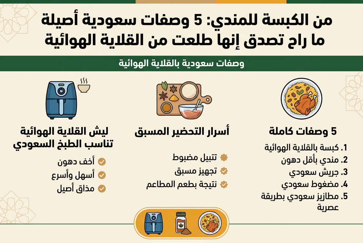 من الكبسة للمندي: 5 وصفات سعودية أصيلة لا غنى عنها في قلايتك الهوائية(بأقل زيت) Create a full-bleed landscape infographic in aspect ratio 3:2, modern clean editorial style, with a warm Saudi-inspired color palette of deep green, beige, saffron, and white, subtle geometric Arabic pattern accents, and clear visual hierarchy. Use bold Arabic sans-serif typography for headings and smaller readable Arabic body text.
Top band across the full width:
Large bold title in Arabic centered at the top: "من الكبسة للمندي: 5 وصفات سعودية أصيلة ما راح تصدق إنها طلعت من القلاية الهوائية"
Smaller subtitle directly beneath it: "وصفات سعودية بالقلاية الهوائية"
Main body in three wide horizontal sections or three side-by-side blocks across the middle, each with a clear icon and heading:
Left block:
A blue air fryer icon with a small steam icon.
Heading: "ليش القلاية الهوائية تناسب الطبخ السعودي"
Include three short bullet points with check icons:
"أخف دهون"
"أسهل وأسرع"
"مذاق أصيل"
Center block:
A prep board icon with spices, rice, and marinating bowl.
Heading: "أسرار التحضير المسبق"
Include three short bullet points with small star or check icons:
"تتبيل مضبوط"
"تجهيز مسبق"
"نتيجة بطعم المطاعم"
Right block:
A plate of traditional Saudi food icon with rice and roasted chicken.
Heading: "5 وصفات كاملة"
Include a numbered list in a compact vertical stack:
"1. كبسة بالقلاية الهوائية"
"2. مندي بأقل دهون"
"3. جريش سعودي"
"4. مضغوط سعودي"
"5. مطازيز سعودي بطريقة عصرية"
Bottom strip spanning the full width:
A clean concluding banner with a small air fryer, spice jar, and plated meal icons arranged in a row.
Include a highlighted