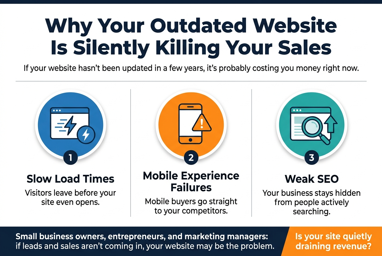 Create a clean, professional full-bleed infographic illustration in a 3:2 aspect ratio, wide horizontal layout, with a modern business style. Use a white background with deep navy, teal, and bright orange accents, bold sans-serif typography, and strong visual hierarchy.Top across the full width: a large bold heading in dark navy text, exactly: "Why Your Outdated Website Is Silently Killing Your Sales"Directly under the heading, a short smaller subheading in medium gray text, exactly: "If your website hasn't been updated in a few years, it's probably costing you money right now."Below the subheading, place a thin horizontal divider line.Main body: three wide numbered content blocks arranged left-to-right in three equal columns, each with a large circular icon at the top and a bold section title beneath it.Left block:
- Blue circular icon with a fast-loading browser window and a lightning bolt
- Number label "1"
- Bold title: "Slow Load Times"
- Smaller body text: "Visitors leave before your site even opens."Center block:
- Orange circular icon with a smartphone and warning symbol
- Number label "2"
- Bold title: "Mobile Experience Failures"
- Smaller body text: "Mobile buyers go straight to your competitors."Right block:
- Teal circular icon with a search magnifying glass over a webpage and an upward arrow
- Number label "3"
- Bold title: "Weak SEO"
- Smaller body text: "Your business stays hidden from people actively searching."Bottom full-width callout bar in dark navy with white text:
"Small business owners, entrepreneurs, and marketing managers: if leads and sales aren't coming in, your website may be the problem."Add a small final highlight badge on the lower right in bright orange with bold text: "Is your site quietly draining revenue?"Use clean spacing, aligned grids, subtle shadows, simple flat vector icons, and