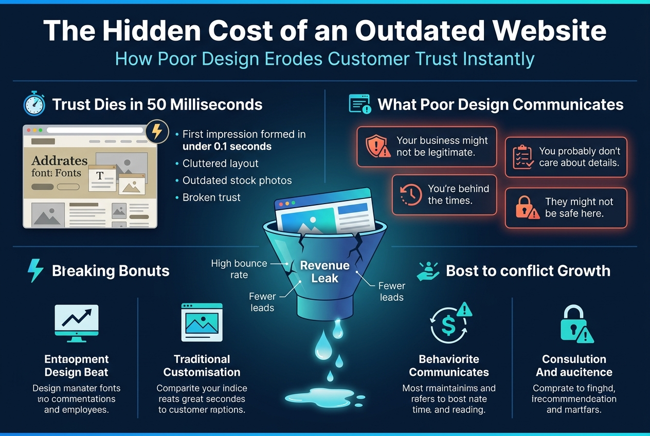 Create a full-bleed professional infographic illustration in a 3:2 aspect ratio with a modern clean corporate style, using a dark navy-to-blue background with bright cyan, white, teal, and orange accents. Use bold sans-serif typography with strong hierarchy and clear section dividers. No outer poster frame; elements should span edge to edge in a wide horizontal layout.Top header across the full width:
- Large bold title in white: "The Hidden Cost of an Outdated Website"
- Smaller subtitle below in light cyan: "How Poor Design Erodes Customer Trust Instantly"Main layout: three wide horizontal sections with icons and short text blocks, arranged in a 2-column top section and a 3-column bottom section, with a central visual concept of a website screen leaking revenue.SECTION 1 on the upper left: "Trust Dies in 50 Milliseconds"
- Show a stylized website browser window with outdated design elements: mismatched fonts, cluttered blocks, broken image placeholders, dull beige and gray colors.
- Add a small stopwatch icon and a lightning-bolt icon.
- Include short bullet text:
- "First impression formed in under 0.1 seconds"
- "Cluttered layout"
- "Outdated stock photos"
- "Broken trust"SECTION 2 on the upper right: "What Poor Design Communicates"
- Use four stacked mini-cards with simple icons:
- Shield warning icon with text: "Your business might not be legitimate."
- Sloppy checklist icon with text: "You probably don't care about details."
- Clock/backward arrow icon with text: "You're behind the times."
- Padlock with alert icon with text: "They might not be safe here."
- Use red-orange warning highlights and subtle glow effects.Center visual across the middle width:
- A large cracked revenue bucket or funnel shaped like a website page, with glowing leaks dropping downward.
- Label on the funnel: "Revenue Leak"
- Around the funnel, add small labels connected by thin lines:
- "High bounce rate"
- "Fewer leads"