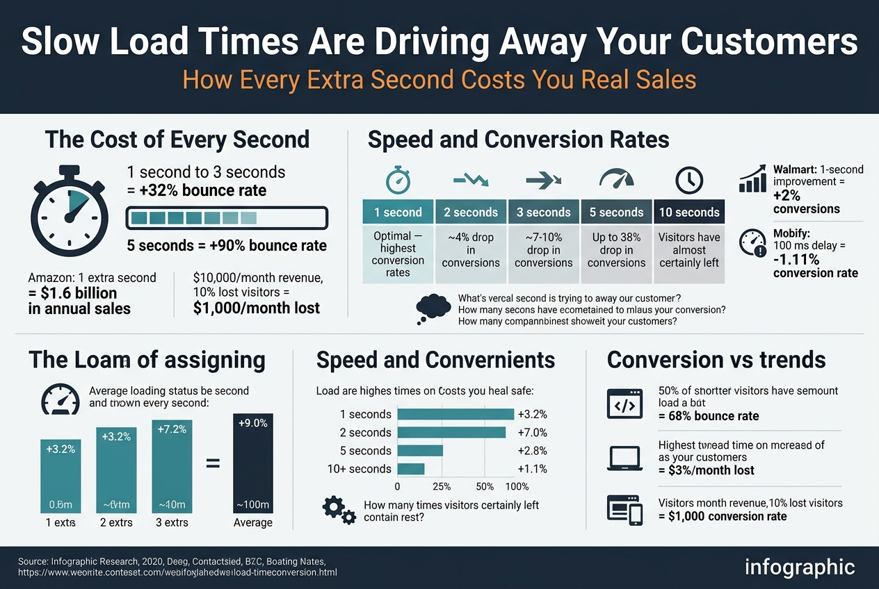 Create a clean, professional full-bleed infographic in a 3:2 aspect ratio, wide horizontal layout, no poster frame, no inset margins. Use a modern business style with dark navy background, white and light-gray text, teal and orange accent colors, bold sans-serif fonts, crisp vector icons, and clear visual hierarchy.Top header across the full width: large bold title in white, "Slow Load Times Are Driving Away Your Customers" with a smaller orange subtitle beneath, "How Every Extra Second Costs You Real Sales".Below the header, use three wide horizontal content bands with multiple columns:LEFT BAND: "The Cost of Every Second"
- Large stopwatch icon and website loading bar graphic.
- Big callout text: "1 second to 3 seconds = +32% bounce rate"
- Big callout text: "5 seconds = +90% bounce rate"
- Small callout text: "Amazon: 1 extra second = $1.6 billion in annual sales"
- Small callout text: "$10,000/month revenue, 10% lost visitors = $1,000/month lost"CENTER BAND: "Speed and Conversion Rates"
- Include a horizontal table-style row with five boxed segments and simple arrow or speed icons above each.
- Column labels and text exactly:
- "1 second" — "Optimal — highest conversion rates"
- "2 seconds" — "~4% drop in conversions"
- "3 seconds" — "~7-10% drop in conversions"
- "5 seconds" — "Up to 38% drop in conversions"
- "10 seconds" — "Visitors have almost certainly left"
- Add a small side panel with two bold stat callouts and icons:
- "Walmart: 1-second improvement = +2% conversions"
- "Mobify: 100 ms delay = -1.11% conversion rate"
- Include a small thinking-bubble graphic with three questions in white text