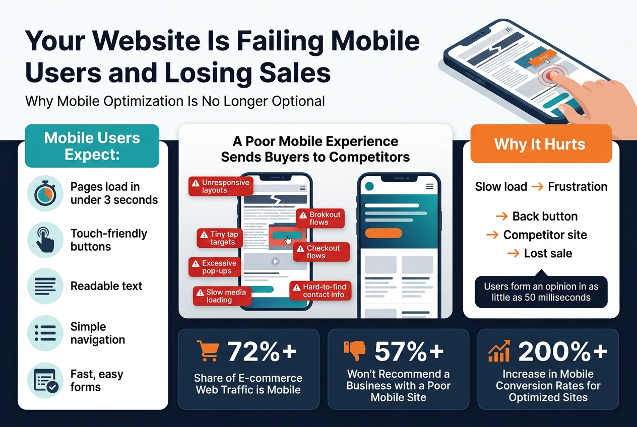 Create a full-bleed 3:2 landscape infographic in a clean modern corporate style, using a dark navy, white, teal, and orange color palette with strong contrast, subtle gradients, crisp sans-serif typography, and clear visual hierarchy.TOP BANNER:
Large bold heading across the top: "Your Website Is Failing Mobile Users and Losing Sales"
Small subtitle directly beneath: "Why Mobile Optimization Is No Longer Optional"
Add a wide illustration on the top right of a smartphone with a broken website layout, tiny text, overlapping buttons, and a frustrated user hand tapping the screen.LEFT COLUMN SECTION:
Large label in a teal box: "Mobile Users Expect:"
Show 5 stacked icon callouts with simple flat icons:
1. "Pages load in under 3 seconds" with a stopwatch icon
2. "Touch-friendly buttons" with a finger tap icon
3. "Readable text" with a text lines icon
4. "Simple navigation" with a menu icon
5. "Fast, easy forms" with a form and checkmark iconCENTER SECTION:
Wide warning panel with a split-screen mobile website comparison: left side broken mobile site, right side optimized mobile site.
Headline above the panel: "A Poor Mobile Experience Sends Buyers to Competitors"
Add 6 small red warning badges around the broken side with these exact labels:
"Unresponsive layouts"
"Tiny tap targets"
"Excessive pop-ups"
"Slow media loading"
"Broken checkout flows"
"Hard-to-find contact info"RIGHT COLUMN SECTION:
Title in an orange box: "Why It Hurts"
Include a simple flow graphic with arrows:
"Slow load" → "Frustration" → "Back button" → "Competitor site" → "Lost sale"
Add a small note beneath in a dark callout box: "Users form an opinion in as little as 50 milliseconds"BOTTOM ROW: THREE METRIC CARDS
Create three large metric cards spanning the width, each with a bold number and icon:
Card 1 with a shopping cart icon:
"72%+"
"Share