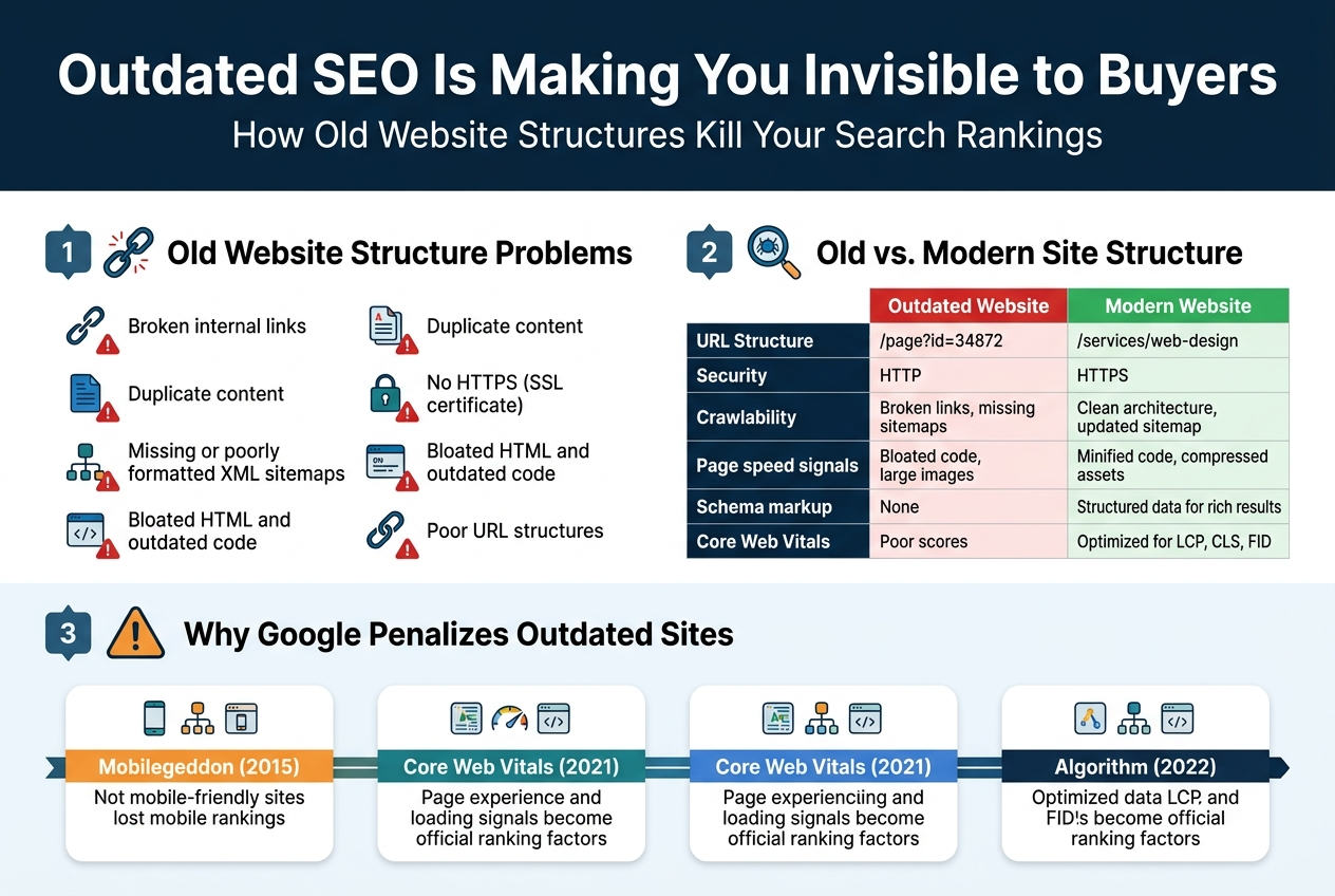 Create a full-bleed professional infographic in 3:2 aspect ratio with a clean modern corporate style, white background with deep navy, teal, blue, and orange accents, bold sans-serif fonts, clear visual hierarchy, and wide horizontal multi-column sections.Top header across full width:
Large bold title text: "Outdated SEO Is Making You Invisible to Buyers"
Smaller subtitle beneath: "How Old Website Structures Kill Your Search Rankings"Section 1 on the left upper-middle, labeled with a numbered badge "1" and a broken chain icon:
Heading: "Old Website Structure Problems"
Show 6 compact icon bullets in two columns with small red warning markers:
"Broken internal links"
"Duplicate content"
"Missing or poorly formatted XML sitemaps"
"No HTTPS (SSL certificate)"
"Bloated HTML and outdated code"
"Poor URL structures"Section 2 on the right upper-middle, labeled with a numbered badge "2" and a magnifying glass / crawler icon:
Heading: "Old vs. Modern Site Structure"
Create a side-by-side comparison table with two colored columns.
Left column header in red: "Outdated Website"
Right column header in green: "Modern Website"
Rows with exact text:
"URL Structure" | "/page?id=34872" | "/services/web-design"
"Security" | "HTTP" | "HTTPS"
"Crawlability" | "Broken links, missing sitemaps" | "Clean architecture, updated sitemap"
"Page speed signals" | "Bloated code, large images" | "Minified code, compressed assets"
"Schema markup" | "None" | "Structured data for rich results"
"Core Web Vitals" | "Poor scores" | "Optimized for LCP, CLS, FID"Section 3 across the middle-lower band, labeled with a numbered badge "3" and a warning triangle icon:
Heading: "Why Google Penalizes Outdated Sites"
Use a horizontal timeline with 4 milestone cards and small algorithm icons:
"Mobilegeddon (2015)" with text: "Not mobile-friendly sites lost mobile rankings"
"Core Web Vitals (2021