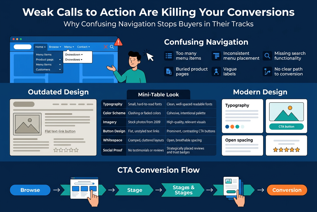 Create a clean, professional infographic illustration in a 3:2 aspect ratio, full-bleed wide layout with no poster frame, using a modern corporate style in deep navy, bright blue, white, teal, and orange accents. Use a bold sans-serif headline at the top spanning the full width: "Weak Calls to Action Are Killing Your Conversions". Place a smaller subheading directly below: "Why Confusing Navigation Stops Buyers in Their Tracks".Design the infographic in three wide horizontal sections with clear icons and comparison blocks:Top section, left-to-right:
A large blue website navigation bar illustration with cluttered menu items, overlapping dropdowns, a missing search icon, and a small red warning symbol. Beside it, a simple customer figure looking confused and a mouse cursor hitting a dead end. Add a bold label: "Confusing Navigation". Under it, use six compact bullet blocks with small icons:
1. "Too many menu items"
2. "Vague labels"
3. "Buried product pages"
4. "Inconsistent menu placement"
5. "Missing search functionality"
6. "No clear path to conversion"Middle section, split into two side-by-side comparison panels:
Left panel titled "Outdated Design" with muted gray-beige styling, cramped layout, small text blocks, faded colors, low-quality photo frame icon, flat text-link button, cluttered whitespace, and empty review stars.
Right panel titled "Modern Design" with bright white cards, clean typography, cohesive color palette, high-quality image placeholder, prominent contrasting CTA button, open spacing, and five-star review badges. Add a centered mini-table look with these exact rows and text:
"Typography | Small, hard-to-read fonts | Clean, well-spaced readable fonts"
"Color Scheme | Clashing or faded colors | Cohesive, intentional palette"
"Imagery | Stock photos from 2009 | High-quality, relevant visuals"
"Button Design | Flat, unstyled text links | Prominent, contrasting CTA buttons"
"Whitespace | Cramped, cluttered layouts | Open, breathable spacing"
"Social Proof | No testimonials or reviews | Strategically placed reviews and trust badges"Bottom section, wide CTA conversion flow:
Show a left-to-right flow from "Browse"