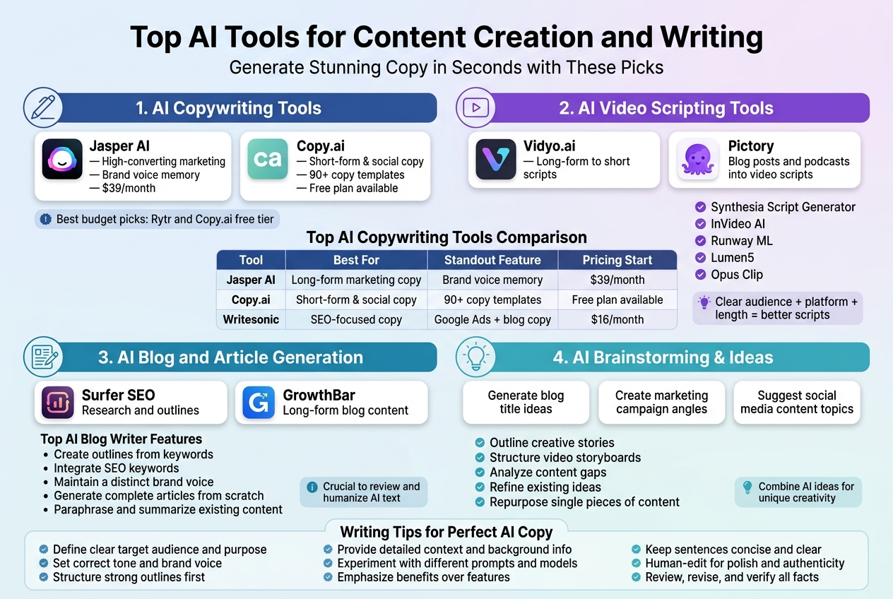 Create a full-bleed clean professional infographic in 3:2 landscape ratio with a modern blue, purple, teal, and white color palette, subtle gradients, rounded cards, and crisp sans-serif fonts. Place a bold top headline centered across the width: "Top AI Tools for Content Creation and Writing" with a smaller subtitle beneath it: "Generate Stunning Copy in Seconds with These Picks".Use a wide horizontal multi-section layout, not a vertical poster. Divide the canvas into four main content blocks with icons and short text, plus one comparison strip and one tips strip. Add small AI-themed line icons beside each section title: a writing pen, a video play button, a blog/document, and a lightbulb.Section 1 on the upper left: title "AI Copywriting Tools" in a dark blue header bar. Under it, show 2 featured tool cards with small app-style icons and short blurbs:
"Jasper AI — High-converting marketing copy — Brand voice memory — $39/month"
"Copy.ai — Short-form & social copy — 90+ copy templates — Free plan available"
Add a small note badge below: "Best budget picks: Rytr and Copy.ai free tier"Section 2 on the upper right: title "AI Video Scripting Tools" in a purple header bar. Show 2 featured tool cards:
"Vidyo.ai — Long-form to short scripts"
"Pictory — Blog posts and podcasts into video scripts"
Below them, a compact list with check icons:
"Synthesia Script Generator"
"InVideo AI"
"Runway ML"
"Lumen5"
"Opus Clip"
Add a small tip callout: "Clear audience + platform + length = better scripts"Across the middle as a full-width comparison table with alternating light rows, titled "Top AI Copywriting Tools Comparison". Include four columns with bold headers:
"Tool" "Best For" "Standout Feature" "Pricing Start"
Rows:
"Jasper AI | Long-form marketing copy | Brand voice memory | $39/month"
"Copy.ai | Short-form & social copy | 90+ copy templates | Free plan available"
"Writesonic | SEO-focused copy | Google Ads + blog copy | $16/month"
"Ry