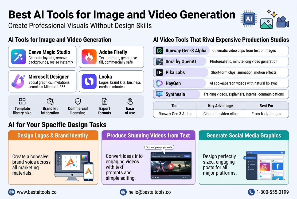 3:2 full-bleed modern infographic, clean professional flat vector style, white background with blue, purple, teal, and orange accents, bold sans-serif typography, strong visual hierarchy, no frame, no inset margins, wide horizontal layout with multi-column sections.Top header across full width: large bold title text "Best AI Tools for Image and Video Generation" and smaller subtitle text "Create Professional Visuals Without Design Skills". Add a sleek AI chip, sparkle, image, and video camera icon cluster near the title.Section 1 on upper left and center: heading "AI Tools for Image and Video Generation" with four illustrated tool cards in a 2x2 grid, each card with a colored icon and short benefit line:
- "Canva Magic Studio" with a magic wand and layout icon, text "Generate layouts, remove backgrounds, resize instantly"
- "Adobe Firefly" with a spark flame icon, text "Text prompts, generative fill, commercially safe"
- "Microsoft Designer" with a layered design icon, text "Social graphics, invitations, seamless Microsoft 365"
- "Looka" with a logo mark icon, text "Logos, brand kits, business cards in minutes"
Add a small horizontal feature strip beneath with five icons and labels:
"Template library size" "Brand kit integration" "Commercial licensing" "Export formats" "Ease of use"Section 2 on upper right and center-right: heading "AI Video Tools That Rival Expensive Production Studios" with five stacked horizontal cards, each with a video-related icon and short best-use line:
- "Runway Gen-3 Alpha" with film strip icon, text "Cinematic video clips from text or images"
- "Sora by OpenAI" with realistic scene icon, text "Photorealistic, minute-long video generation"
- "Pika Labs" with motion play icon, text "Short-form clips, animation, motion effects"
- "HeyGen" with avatar face icon, text "AI spokesperson videos with natural lip sync"
- "Synthesia" with presentation screen icon, text "Training videos, explainers, internal communications"
Add a comparison mini-table below in a neat grid with headers:
"Tool" "