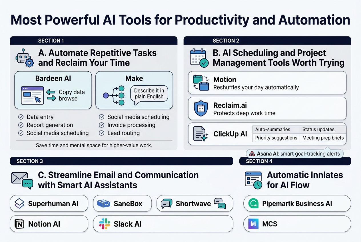 Create a full-bleed 3:2 landscape infographic in a modern clean editorial style with a white background, dark navy headings, teal and blue accent colors, subtle gray dividers, and simple flat vector icons. Add a bold top title centered across the full width: "Most Powerful AI Tools for Productivity and Automation". Use a strong sans-serif font for headings and a smaller readable sans-serif for body text.Below the title, arrange five wide horizontal content blocks in a two-row, multi-column layout with clear spacing and visual hierarchy, not a narrow vertical poster.SECTION 1 at upper left: heading with a small robot and gear icon, title text "A. Automate Repetitive Tasks and Reclaim Your Time". Include two highlighted tool callouts in rounded rectangles:
- "Bardeen AI" with a browser window icon and arrows copying data
- "Make" with a workflow nodes icon and a speech bubble saying "Describe it in plain English"
Under them, add a compact list with small check icons:
"Data entry"
"Report generation"
"Social media scheduling"
"Invoice processing"
"Lead routing"
Add a small bottom caption line: "Save time and mental space for higher-value work."SECTION 2 at upper right: heading with a calendar and checklist icon, title text "B. AI Scheduling and Project Management Tools Worth Trying". Show three stacked mini cards:
"Motion" with a moving calendar blocks icon and text "Reshuffles your day automatically"
"Reclaim.ai" with a shield and calendar icon and text "Protects deep work time"
"ClickUp AI" with a document and spark icon and a small 2-column mini table labeled:
"Auto-summaries"
"Priority suggestions"
"Status updates"
"Meeting prep briefs"
Add a small badge-like note: "Asana AI: smart goal-tracking alerts"SECTION 3 at lower left: heading with an envelope and chat icon, title text "C. Streamline Email and Communication with Smart AI Assistants". Include four horizontal pill cards with icons:
"Superhuman AI" with a lightning envelope
"SaneBox" with an inbox filter icon
"Shortwave" with grouped message bubbles
"Notion AI" and "Slack AI