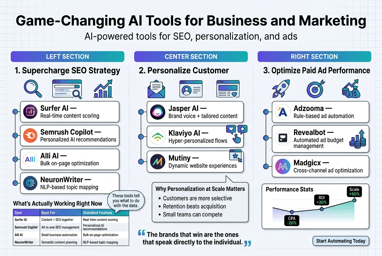 Create a clean, modern full-bleed infographic in a 3:2 aspect ratio with a professional business/marketing style, crisp sans-serif typography, bold hierarchy, blue-purple-teal gradient accents, white background with subtle light-gray grid texture, and clear iconography. Place a large bold headline across the top: "Game-Changing AI Tools for Business and Marketing" with a smaller subtitle beneath: "AI-powered tools for SEO, personalization, and ads"Use a wide 3-section horizontal layout across the canvas, with three equal content blocks and distinct color-coded headers.LEFT SECTION: "1. Supercharge SEO Strategy"
Place a magnifying glass, search results, and upward graph icon set. Include four stacked tool cards with small logos-style circles and short descriptions:
- "Surfer AI" — "Real-time content scoring"
- "Semrush Copilot" — "Personalized AI recommendations"
- "Alli AI" — "Bulk on-page optimization"
- "NeuronWriter" — "NLP-based topic mapping"
Add a small comparison strip beneath with the heading "What’s Actually Working Right Now" and a 3-column mini table: "Tool | Best For | Standout Feature"
Rows:
"Surfer AI | Content + SEO together | Real-time content scoring"
"Semrush Copilot | All-in-one SEO management | Personalized AI recommendations"
"Alli AI | Small business automation | Bulk on-page optimization"
"NeuronWriter | Semantic content planning | NLP-based topic mapping"
Include a small callout bubble: "These tools tell you what to do with the data."CENTER SECTION: "2. Personalize Customer Experiences"
Use an email envelope icon, user profile icon, website page icon, and heart/star personalization symbols. Show three stacked tool cards:
- "Jasper AI" — "Brand voice + tailored content"
- "Klaviyo AI" — "Hyper-personalized flows"
- "Mutiny" — "Dynamic website experiences"
Add a bold side note box titled "Why Personalization at Scale Matters" with three bullet points:
"Customers are more selective"
"Retention beats acquisition"
"Small teams can compete"
Include a highlighted quote-style line at the bottom: "The brands