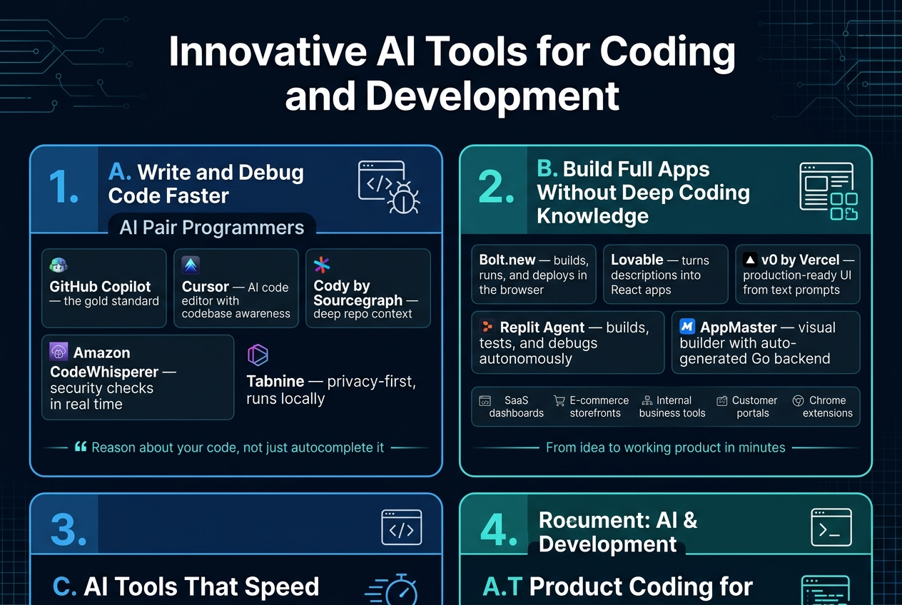 Create a full-bleed 3:2 landscape infographic in a modern tech style with a dark navy-to-black background, neon blue and teal accents, crisp white text, and subtle circuit/grid patterns. Use a clean sans-serif font with strong hierarchy. Place a bold large title across the top center: "Innovative AI Tools for Coding and Development".Below the title, organize the content into four wide horizontal sections in a 2x2 grid of rounded rectangular panels, each with a colored header strip, a large section number, and simple line icons. Use clear visual separation and balanced spacing, not a narrow vertical layout.SECTION 1 on the upper left: "A. Write and Debug Code Faster" with an icon of code brackets and a bug. Include a subheading: "AI Pair Programmers". Show four compact tool callouts with small icons:
"GitHub Copilot — the gold standard"
"Cursor — AI code editor with codebase awareness"
"Cody by Sourcegraph — deep repo context"
"Amazon CodeWhisperer — security checks in real time"
"Tabnine — privacy-first, runs locally"
Add a small highlighted quote box: "Reason about your code, not just autocomplete it"SECTION 2 on the upper right: "B. Build Full Apps Without Deep Coding Knowledge" with an icon of a browser window and app blocks. Include 5 tool cards:
"Bolt.new — builds, runs, and deploys in the browser"
"Lovable — turns descriptions into React apps"
"v0 by Vercel — production-ready UI from text prompts"
"Replit Agent — builds, tests, and debugs autonomously"
"AppMaster — visual builder with auto-generated Go backend"
Add a small feature strip with icons and text:
"SaaS dashboards"
"E-commerce storefronts"
"Internal business tools"
"Customer portals"
"Chrome extensions"
Add a highlighted line: "From idea to working product in minutes"SECTION 3 on the lower left: "C. AI Tools That Speed