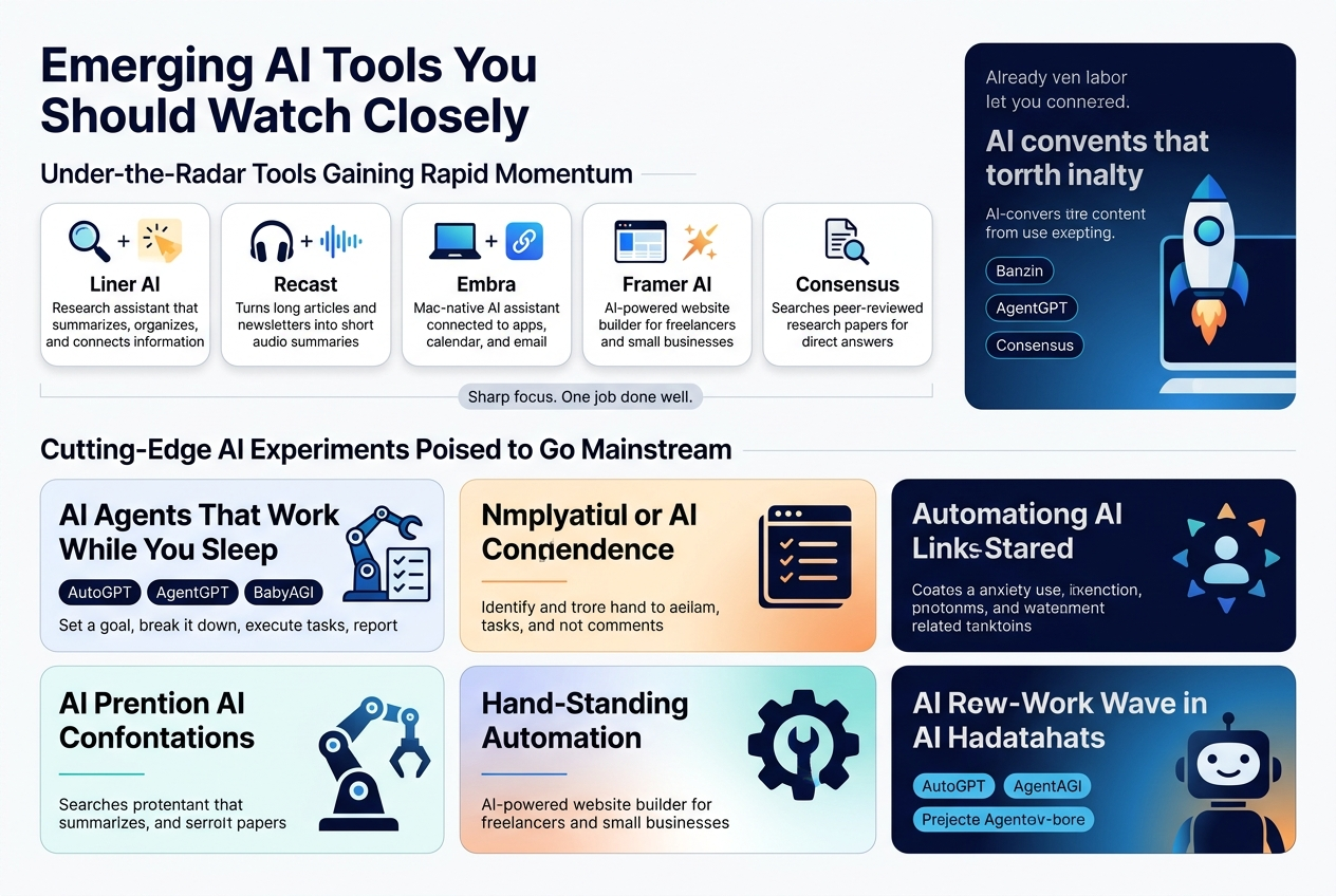 Create a full-bleed 3:2 landscape infographic in a clean modern editorial style, white background with deep navy, electric blue, teal, and warm orange accents, subtle gradients, crisp vector icons, and strong visual hierarchy. Use a bold sans-serif title at the top left: “Emerging AI Tools You Should Watch Closely”. Directly below, smaller subtitle: “Under-the-Radar Tools Gaining Rapid Momentum”.Organize the page into three wide horizontal sections across the canvas, using multi-column blocks instead of a vertical poster layout.SECTION 1 across the upper-middle area: “Under-the-Radar Tools Gaining Rapid Momentum”
Use five rounded cards in a 5-column row with small icons above each tool name.
Card 1: magnifying glass and highlight icon, text: “Liner AI” and “Research assistant that summarizes, organizes, and connects information”.
Card 2: headphones and waveform icon, text: “Recast” and “Turns long articles and newsletters into short audio summaries”.
Card 3: laptop and app-link icon, text: “Embra” and “Mac-native AI assistant connected to apps, calendar, and email”.
Card 4: website layout and spark icon, text: “Framer AI” and “AI-powered website builder for freelancers and small businesses”.
Card 5: academic paper and search icon, text: “Consensus” and “Searches peer-reviewed research papers for direct answers”.
Add a small centered banner beneath the row: “Sharp focus. One job done well.”SECTION 2 across the center: “Cutting-Edge AI Experiments Poised to Go Mainstream”
Use three large side-by-side feature panels with bold icons and short callouts.
Left panel title: “AI Agents That Work While You Sleep” with a robot arm and checklist icon. Include three small labels: “AutoGPT”, “AgentGPT”, “BabyAGI”, and a short line: “Set a goal, break it down, execute tasks, report