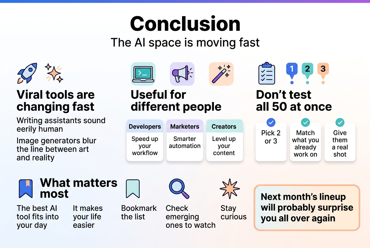 Full-bleed clean professional infographic illustration, aspect ratio 3:2, modern tech style, white background with blue, purple, teal, and soft orange accents, bold sans-serif typography, clear visual hierarchy, wide horizontal layout with four main content blocks across the page, not a vertical poster.Top header spanning full width:
Large bold title text: "Conclusion"
Subtitle text below in smaller font: "The AI space is moving fast"Main section 1 on the left with a rocket and spark icons:
Heading text: "Viral tools are changing fast"
Body text: "Writing assistants sound eerily human"
Body text: "Image generators blur the line between art and reality"Main section 2 in the center with three small role icons in a row: laptop, megaphone, and creator wand:
Heading text: "Useful for different people"
Three labeled mini-cards:
"Developers" with text: "Speed up your workflow"
"Marketers" with text: "Smarter automation"
"Creators" with text: "Level up your content"Main section 3 on the right with a checklist icon and numbered markers 1, 2, 3:
Heading text: "Don’t test all 50 at once"
Three step cards with check icons:
"Pick 2 or 3"
"Match what you already work on"
"Give them a real shot"Bottom section spanning full width with a bookmark icon, a magnifying glass icon, and a starburst icon:
Heading text: "What matters most"
Three short callout blocks:
"The best AI tool fits into your day"
"It makes your life easier"
"Bookmark the list"
"Check emerging ones to watch"
"Stay curious"Bottom-right closing callout in a highlighted rounded rectangle:
Bold text: "Next month’s lineup will probably surprise you all over again"Use crisp icon