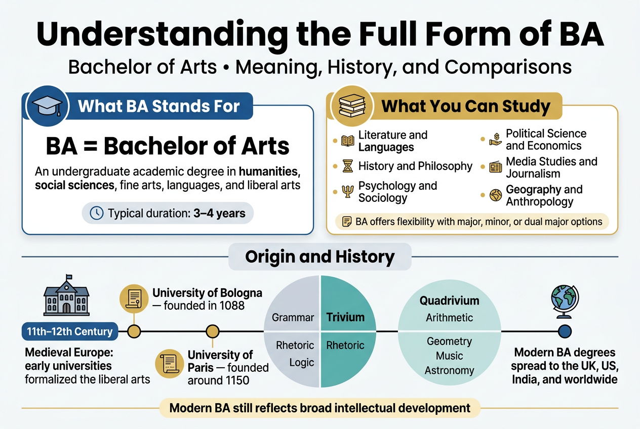 Create a clean, professional full-bleed infographic in a 3:2 landscape aspect ratio with a modern academic style, white background, navy blue, teal, gold, and light gray accents, bold sans-serif fonts, and clear visual hierarchy.

Top banner across full width:
Large bold title: "Understanding the Full Form of BA"
Subtitle beneath: "Bachelor of Arts • Meaning, History, and Comparisons"

Section 1 on the upper left in a blue header box with a graduation cap icon:
Heading: "What BA Stands For"
Main text in a prominent card:
"BA = Bachelor of Arts"
Below it, smaller text:
"An undergraduate academic degree in humanities, social sciences, fine arts, languages, and liberal arts"
Add a small clock icon with text:
"Typical duration: 3–4 years"

Section 2 on the upper right in a gold-accented card with a stack of books icon:
Heading: "What You Can Study"
Use a neat 2-column bullet list with small icons:
"Literature and Languages"
"History and Philosophy"
"Psychology and Sociology"
"Political Science and Economics"
"Media Studies and Journalism"
"Geography and Anthropology"
Add a small note box at the bottom:
"BA offers flexibility with major, minor, or dual major options"

Middle wide horizontal section with a timeline design labeled:
Heading: "Origin and History"
Left side starts with a medieval university building icon and date tag:
"11th–12th Century"
Text beside it:
"Medieval Europe: early universities formalized the liberal arts"
Include two highlighted milestone nodes with a parchment icon:
"University of Bologna — founded in 1088"
"University of Paris — founded around 1150"
Center of timeline in a split circle layout:
"Trivium"
"Grammar"
"Rhetoric"
"Logic"
"Quadrivium"
"Arithmetic"
"Geometry"
"Music"
"Astronomy"
Right side final node with a globe icon:
"Modern BA degrees spread to the UK, US, India, and worldwide"
Bottom line in a highlighted strip:
"Modern BA still reflects broad intellectual development"