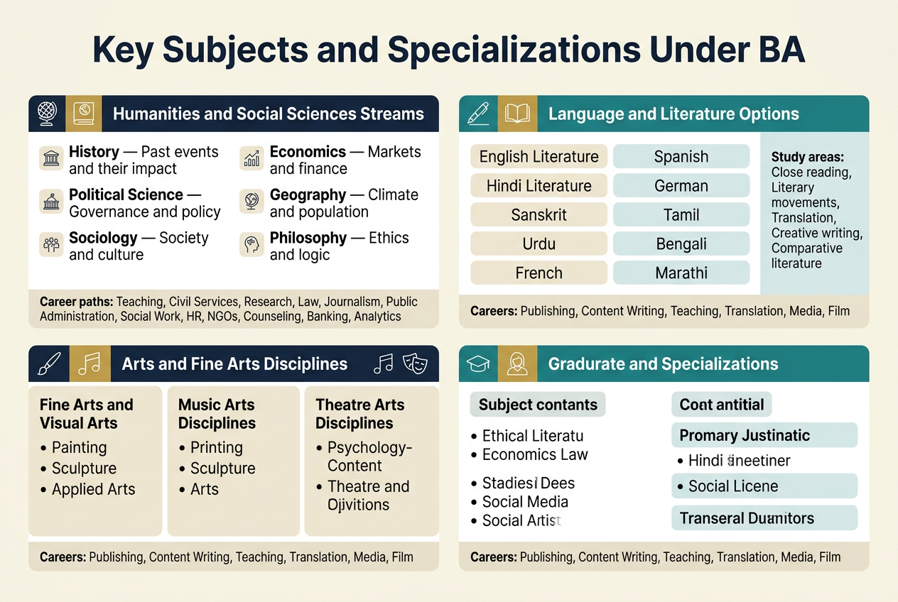 Create a full-bleed landscape infographic in 3:2 aspect ratio, clean professional editorial style, wide multi-column layout, no poster frame, no inset margins. Use a modern sans-serif font with strong hierarchy, dark navy text, teal and gold accents, soft cream background, subtle line icons, and clear section dividers.

Top center: large bold heading text: "Key Subjects and Specializations Under BA"

Below the title, arrange four wide horizontal content blocks across the page with distinct colored headers and small icons:

1) Left upper block with a globe and book icon, header text: "Humanities and Social Sciences Streams"
Include compact bullet-style subject cards with small icons next to each:
- "History — Past events and their impact"
- "Political Science — Governance and policy"
- "Sociology — Society and culture"
- "Psychology — Mind and behavior"
- "Economics — Markets and finance"
- "Geography — Climate and population"
- "Philosophy — Ethics and logic"
Add a small footer line in this block: "Career paths: Teaching, Civil Services, Research, Law, Journalism, Public Administration, Social Work, HR, NGOs, Counseling, Banking, Analytics"

2) Upper right block with a pen and open book icon, header text: "Language and Literature Options"
Show a neat 2-column list with language tags:
- "English Literature"
- "Hindi Literature"
- "Sanskrit"
- "Urdu"
- "French"
- "Spanish"
- "German"
- "Tamil"
- "Bengali"
- "Marathi"
Add a slim side panel or bottom strip in the same block with text:
"Study areas: Close reading, Literary movements, Translation, Creative writing, Comparative literature"
Footer line:
"Careers: Publishing, Content Writing, Teaching, Translation, Media, Film"

3) Lower left wide block with a paintbrush, music note, and theatre mask icons, header text: "Arts and Fine Arts Disciplines"
Split into three sub-panels:
- "Fine Arts and Visual Arts" with bullets:
  "Painting", "Sculpture", "Applied Arts",