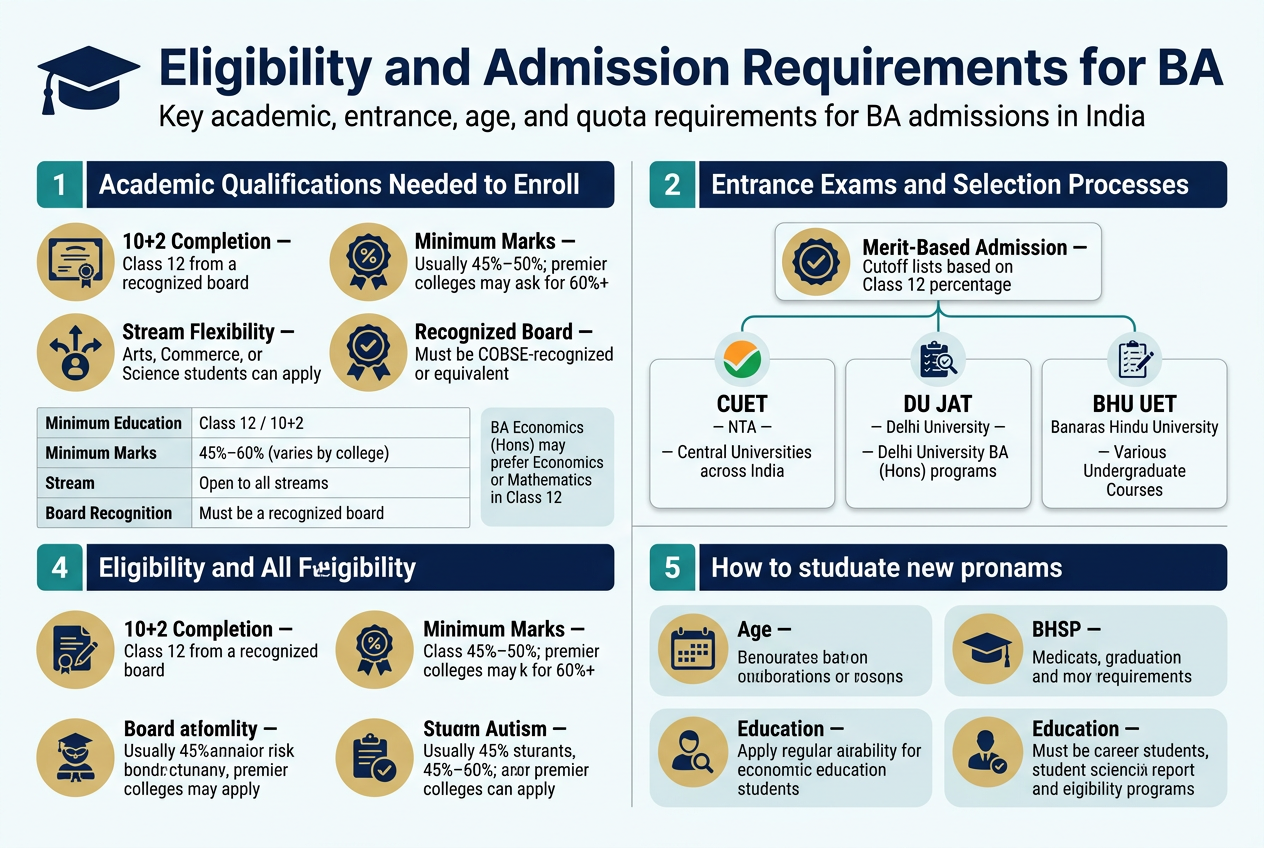 Create a clean professional infographic in a full-bleed 3:2 landscape layout with a modern educational style, white background, navy blue headings, teal and gold accent colors, and clear sans-serif typography. Add a bold top title centered across the width: "Eligibility and Admission Requirements for BA". Use wide horizontal sections and two-column blocks, not a vertical poster.

Top section: a large header band with a graduation cap icon and the title in bold navy. Under it, a short subtitle line: "Key academic, entrance, age, and quota requirements for BA admissions in India".

Section 1 on the upper left titled "Academic Qualifications Needed to Enroll" with four icon bullets in a 2x2 grid:
1. A school certificate icon with text: "10+2 Completion — Class 12 from a recognized board"
2. A percentage badge icon with text: "Minimum Marks — Usually 45%–50%; premier colleges may ask for 60%+"
3. A multi-stream icon with text: "Stream Flexibility — Arts, Commerce, or Science students can apply"
4. A board seal icon with text: "Recognized Board — Must be COBSE-recognized or equivalent"
Add a small horizontal mini-table below with columns and exact text:
"Minimum Education | Class 12 / 10+2"
"Minimum Marks | 45%–60% (varies by college)"
"Stream | Open to all streams"
"Board Recognition | Must be a recognized board"
Include a small note box beside the table with text: "BA Economics (Hons) may prefer Economics or Mathematics in Class 12"

Section 2 on the upper right titled "Entrance Exams and Selection Processes" with a central flow graphic and exam cards:
A merit card with a checkmark icon and text: "Merit-Based Admission — Cutoff lists based on Class 12 percentage"
Below it, a wide list of exam cards with small test icons and exact labels:
"CUET — NTA — Central Universities across India"
"DU JAT — Delhi University — Delhi University BA (Hons) programs"
"BHU UET — Ban