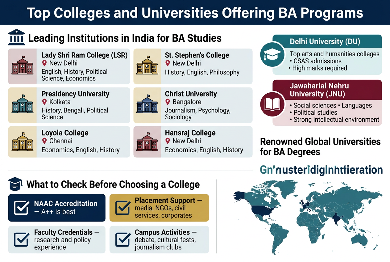 Create a full-bleed professional infographic in a 3:2 aspect ratio, wide horizontal layout, clean modern sans-serif typography, white background with navy blue, teal, gold, and maroon accents, subtle academic illustration style.

Top center bold heading:
"Top Colleges and Universities Offering BA Programs"

Below the heading, divide the infographic into three wide horizontal sections with clear icons and color-coded blocks.

SECTION 1: "Leading Institutions in India for BA Studies"
Place on the upper-left and upper-center in a 2-column grid with small college-building icons and location pins.
Include eight compact institution cards with bold institution name, smaller location, and specializations:
"Lady Shri Ram College (LSR) — New Delhi — English, History, Political Science, Economics"
"St. Stephen's College — New Delhi — History, English, Philosophy"
"Presidency University — Kolkata — History, Bengali, Political Science"
"Christ University — Bangalore — Journalism, Psychology, Sociology"
"Loyola College — Chennai — Economics, English, History"
"Fergusson College — Pune — Political Science, Geography, Sociology"
"Miranda House — New Delhi — English, History, Political Science"
"Hansraj College — New Delhi — Economics, English, History"
Add two highlighted callout boxes on the right side:
"Delhi University (DU)" with a graduation-cap icon and smaller text: "Top arts and humanities colleges • CSAS admissions • High marks required"
"Jawaharlal Nehru University (JNU)" with a book icon and smaller text: "Social sciences • Languages • Political studies • Strong intellectual environment"

SECTION 2: "What to Check Before Choosing a College"
Place across the middle in four icon-based boxes with checkmarks:
"NAAC Accreditation — A++ is best"
"Placement Support — media, NGOs, civil services, corporates"
"Faculty Credentials — research and policy experience"
"Campus Activities — debate, cultural fests, journalism clubs"

SECTION 3: "Renowned Global Universities for BA Degrees"
Place in the lower half in a two-column world-map