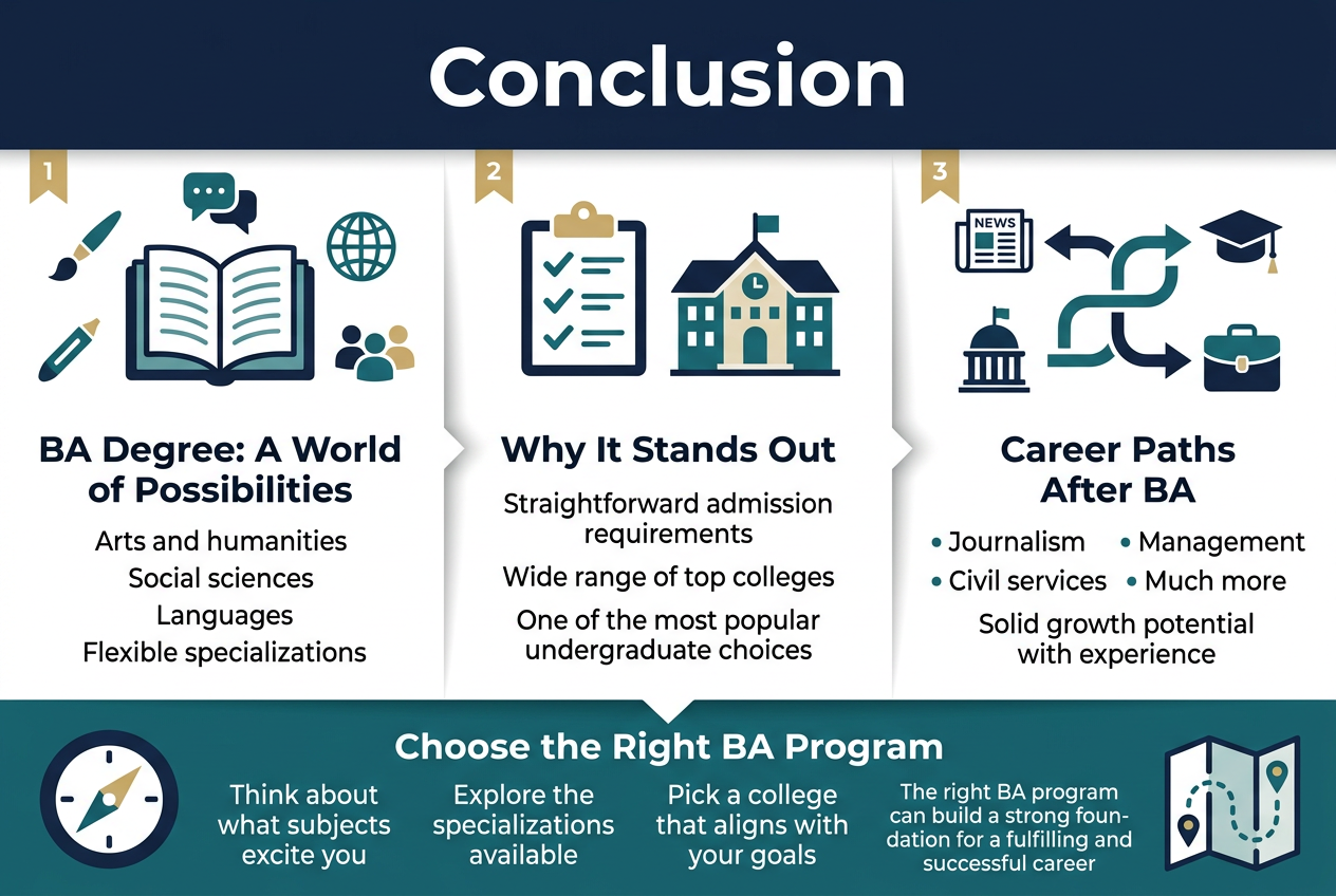 Create a clean, modern infographic illustration in a 3:2 aspect ratio with a full-bleed layout, no frame, no poster border, and wide horizontal composition. Use a professional academic color palette of deep navy, teal, white, and soft gold accents. Use bold sans-serif typography with a clear hierarchy.

Top center: large bold heading in dark navy text: "Conclusion"

Below the heading, arrange the content in three wide horizontal sections with icons and numbered points, using a balanced two-column layout.

Left section:
A large open book icon with small icons around it (paintbrush, speech bubble, globe, people).
Title text: "BA Degree: A World of Possibilities"
Body text: "Arts and humanities"
"Social sciences"
"Languages"
"Flexible specializations"

Center section:
A checklist icon and a college building icon.
Title text: "Why It Stands Out"
Body text: "Straightforward admission requirements"
"Wide range of top colleges"
"One of the most popular undergraduate choices"

Right section:
A career path icon with connected arrows leading to symbols for a newspaper, graduation cap, government building, and briefcase.
Title text: "Career Paths After BA"
Body text: "Journalism"
"Education"
"Civil services"
"Management"
"Much more"
"Solid growth potential with experience"

Bottom band across the full width:
A compass icon on the left and a roadmap icon on the right.
Bold subheading text: "Choose the Right BA Program"
Body text: "Think about what subjects excite you"
"Explore the specializations available"
"Pick a college that aligns with your goals"
"The right BA program can build a strong foundation for a fulfilling and successful career"

Use clean section dividers, subtle shadows, and small gold numbered markers for each section. Keep the layout spacious, polished, and easy to read.