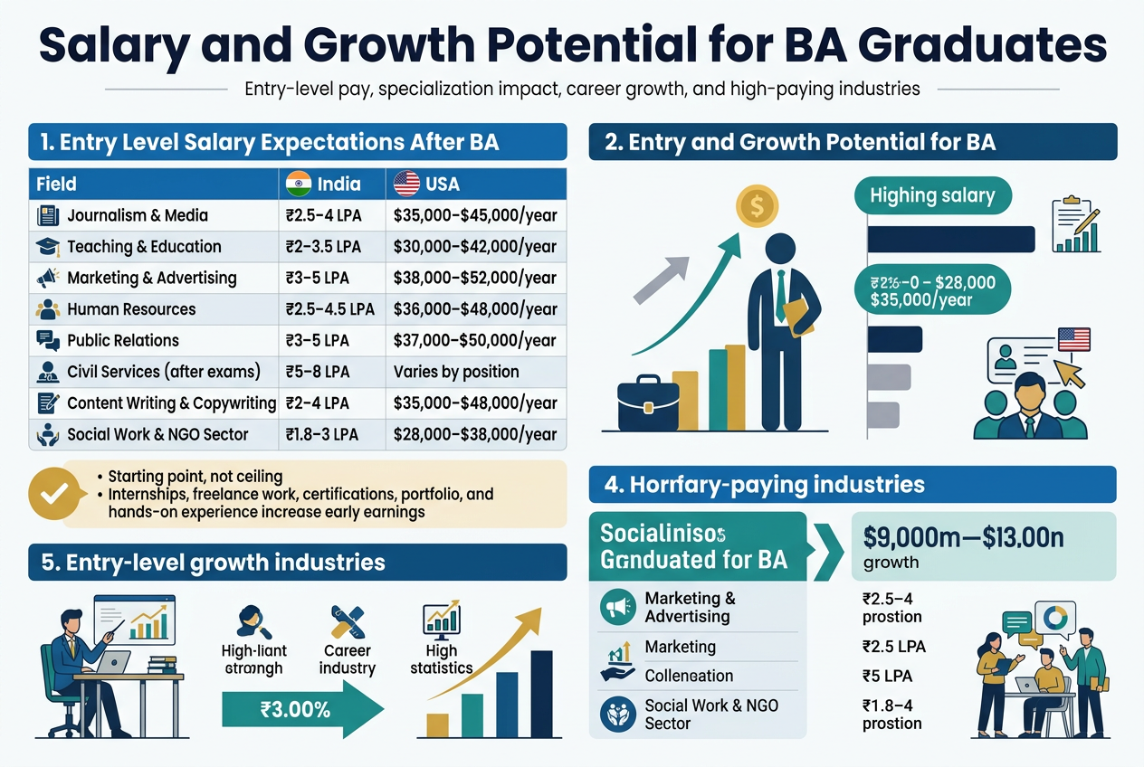 Create a full-bleed professional infographic in a 3:2 aspect ratio, modern flat-vector style, clean white background with deep navy, teal, gold, and muted gray accents, strong visual hierarchy, sans-serif typography, crisp icons, and wide multi-section layout.

Top header across the full width:
Large bold title in dark navy: "Salary and Growth Potential for BA Graduates"
Small subtitle below in gray: "Entry-level pay, specialization impact, career growth, and high-paying industries"

Section 1 on the upper left, a wide table-style block with a blue header bar titled: "1. Entry Level Salary Expectations After BA"
Include a 2-column comparison table with small country icons and simple career icons beside each field.
Table columns: "Field" | "India" | "USA"
Rows:
"Journalism & Media" | "₹2.5–4 LPA" | "$35,000–$45,000/year"
"Teaching & Education" | "₹2–3.5 LPA" | "$30,000–$42,000/year"
"Marketing & Advertising" | "₹3–5 LPA" | "$38,000–$52,000/year"
"Human Resources" | "₹2.5–4.5 LPA" | "$36,000–$48,000/year"
"Public Relations" | "₹3–5 LPA" | "$37,000–$50,000/year"
"Civil Services (after exams)" | "₹5–8 LPA" | "Varies by position"
"Content Writing & Copywriting" | "₹2–4 LPA" | "$35,000–$48,000/year"
"Social Work & NGO Sector" | "₹1.8–3 LPA" | "$28,000–$38,000/year"

Add a small highlighted callout box beneath the table with a gold accent and a checkmark icon:
"Starting point, not ceiling"
"Internships, freelance work, certifications, portfolio, and hands-on experience increase