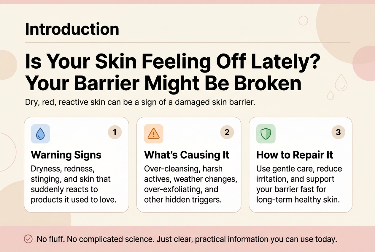 Full-bleed clean professional skincare infographic illustration in a 3:2 aspect ratio, soft cream background with pale pink and light beige accents, modern sans-serif typography, strong visual hierarchy, minimal editorial style.
Top full-width header area:
Bold large title centered-left: "Introduction"
Below it, very large bold headline: "Is Your Skin Feeling Off Lately? Your Barrier Might Be Broken"
Small supporting subtext beneath headline: "Dry, red, reactive skin can be a sign of a damaged skin barrier."
Main content area split into three wide horizontal sections across the page, each in a rounded rectangle card with a small icon and numbered label:
Left card:
Blue droplet icon and number "1"
Bold card title: "Warning Signs"
Body text: "Dryness, redness, stinging, and skin that suddenly reacts to products it used to love."
Center card:
Orange warning triangle icon and number "2"
Bold card title: "What’s Causing It"
Body text: "Over-cleansing, harsh actives, weather changes, over-exfoliating, and other hidden triggers."
Right card:
Green shield icon and number "3"
Bold card title: "How to Repair It"
Body text: "Use gentle care, reduce irritation, and support your barrier fast for long-term healthy skin."
Bottom footer strip with a small checkmark icon and short closing line:
"No fluff. No complicated science. Just clear, practical information you can use today."
Use clear spacing, balanced alignment, subtle skin-care themed decorative elements like soft abstract circles and faint water drops, no clutter, no centered narrow vertical stack, wide layout with clean columns.