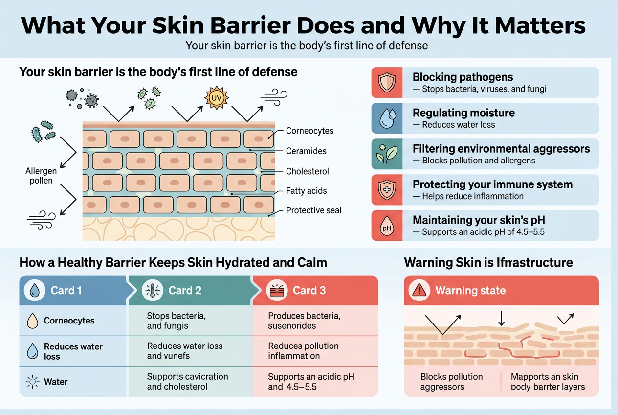 Create a clean, professional full-bleed infographic illustration in a 3:2 aspect ratio, wide horizontal layout with no inset margins, no poster frame, and no narrow vertical stack. Use a modern medical-skincare aesthetic with a soft white background, pale blue accents, muted teal, coral red for warning states, and warm beige/cream for skin tones. Use bold sans-serif headings, smaller readable sans-serif body text, and clear iconography.

Top banner across the full width:
Large bold title centered-left: "What Your Skin Barrier Does and Why It Matters"
Subtitle beneath in smaller text: "Your skin barrier is the body’s first line of defense"

Main layout: three wide horizontal content bands with multi-column blocks, clean dividers, and simple icons.

SECTION 1 across the upper-middle, split into two columns:
Left side: a large cross-section illustration of skin as a brick wall, with labeled layers. Show square skin cells as “bricks” and lipids as “mortar.” Include small labels pointing to the structure:
"Corneocytes"
"Ceramides"
"Cholesterol"
"Fatty acids"
"Protective seal"
Around the skin wall, place small icons with arrows being blocked: pollution particles, bacteria, allergen pollen, UV rays, and harsh wind.

Right side: a stacked list of five numbered benefit blocks with small icons:
1. Shield icon and bold label: "Blocking pathogens"
2. Water droplet icon and bold label: "Regulating moisture"
3. Leaf/pollen icon and bold label: "Filtering environmental aggressors"
4. Immune system shield icon and bold label: "Protecting your immune system"
5. pH drop icon and bold label: "Maintaining your skin’s pH"
Add one short line under each label in smaller text:
"Stops bacteria, viruses, and fungi"
"Reduces water loss"
"Blocks pollution and allergens"
"Helps reduce inflammation"
"Supports an acidic pH of 4.5–5.5"

SECTION 2 across the lower-middle, wide three-column comparison:
Title above the section: "How a Healthy Barrier Keeps Skin Hydrated and Calm"
Create a comparison table styled as three horizontal cards with icons and color coding.

Card