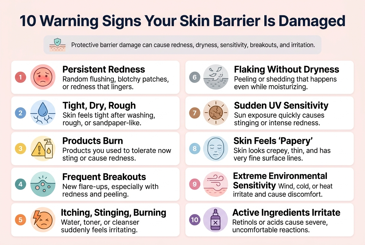 Create a clean, professional health infographic in a full-bleed 3:2 landscape layout with a bright white background, soft blush pink, pale blue, and muted teal accents, modern sans-serif fonts, strong visual hierarchy, and clear spacing. Top center: large bold title in dark navy text, "10 Warning Signs Your Skin Barrier Is Damaged". Under the title, place a small horizontal subtitle strip with a simple skin-layer shield icon and the text "Protective barrier damage can cause redness, dryness, sensitivity, breakouts, and irritation."

Use a wide 2-column grid with 5 numbered cards on the left and 5 numbered cards on the right, each card with a colored number circle, a simple flat icon, a bold short heading, and one short supporting line.

Left column cards:
1. Red circular icon with a flushed face, heading "Persistent Redness", supporting text "Random flushing, blotchy patches, or redness that lingers."
2. Blue water-drop icon with cracked skin lines, heading "Tight, Dry, Rough", supporting text "Skin feels tight after washing, rough, or sandpaper-like."
3. Yellow warning triangle with a moisturizer bottle, heading "Products Burn", supporting text "Products you used to tolerate now sting or cause redness."
4. Teal pimple cluster icon, heading "Frequent Breakouts", supporting text "New flare-ups, especially with redness and peeling."
5. Orange lightning-bolt icon with a face, heading "Itching, Stinging, Burning", supporting text "Water, toner, or cleanser suddenly feels irritating."

Right column cards:
6. Gray flaky-skin icon, heading "Flaking Without Dryness", supporting text "Peeling or shedding that happens even