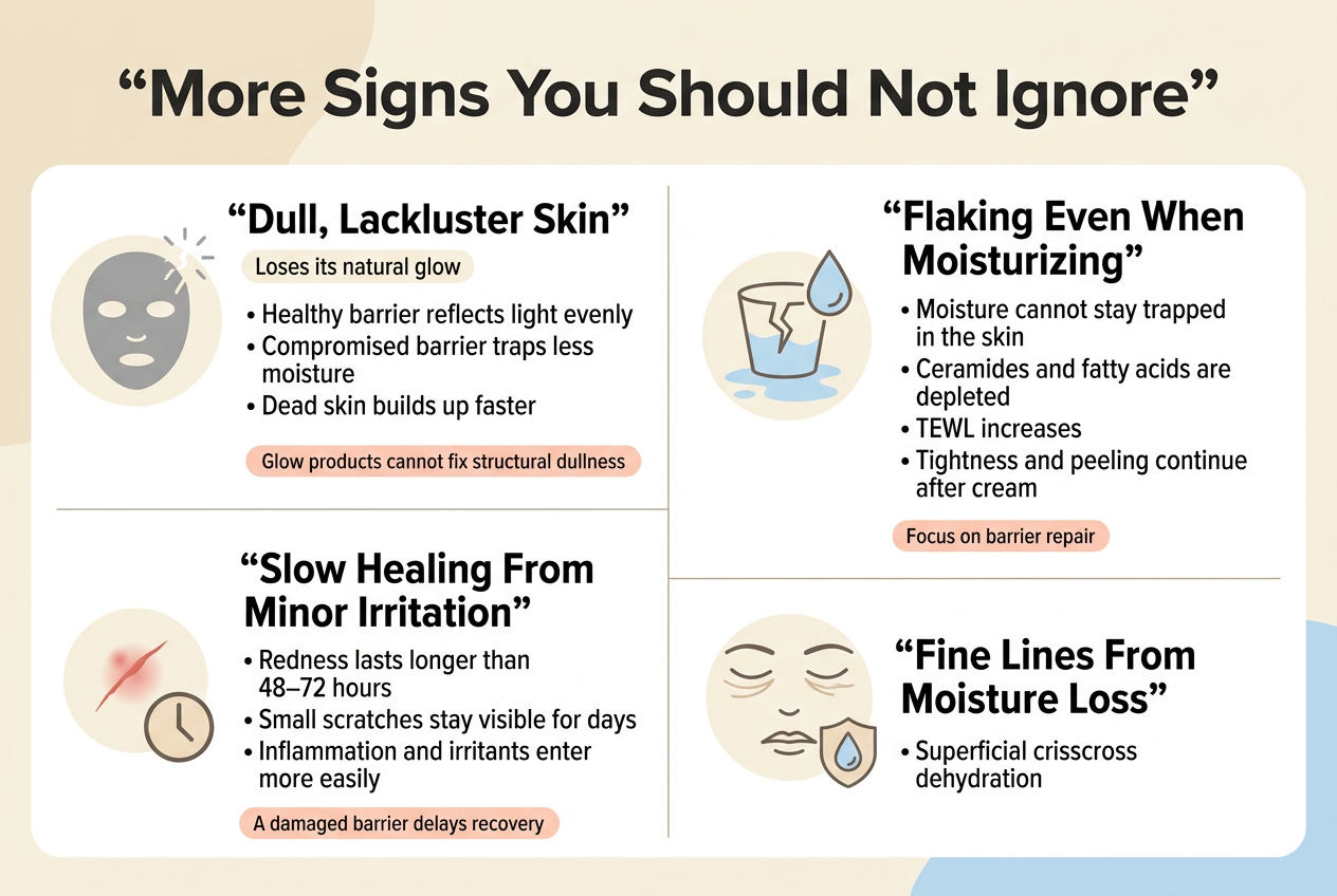 Full-bleed professional skincare infographic, aspect ratio 3:2, wide horizontal layout, clean modern editorial style, soft cream background with pale beige and light blue accents, dark charcoal text, subtle coral highlights, sans-serif fonts with bold headline and clear hierarchy.

Top center: large bold title text in quotes, “More Signs You Should Not Ignore”.

Below the title, arrange 4 wide sections in a 2x2 grid with thin dividing lines and rounded white cards, each section featuring a simple flat icon on the left and text on the right.

Section 1, top left: a dull gray face silhouette with a faint broken glow icon.
Heading text: “Dull, Lackluster Skin”
Small subtitle text: “Loses its natural glow”
Bullets:
• “Healthy barrier reflects light evenly”
• “Compromised barrier traps less moisture”
• “Dead skin builds up faster”
Small bottom note in a coral label: “Glow products cannot fix structural dullness”

Section 2, top right: a cracked cup with water leaking out and a moisturizer droplet icon.
Heading text: “Flaking Even When Moisturizing”
Bullets:
• “Moisture cannot stay trapped in the skin”
• “Ceramides and fatty acids are depleted”
• “TEWL increases”
• “Tightness and peeling continue after cream”
Small bottom note in a coral label: “Focus on barrier repair”

Section 3, bottom left: a small scratch and red spot healing slowly with a clock icon.
Heading text: “Slow Healing From Minor Irritation”
Bullets:
• “Redness lasts longer than 48–72 hours”
• “Small scratches stay visible for days”
• “Inflammation and irritants enter more easily”
Small bottom note in a coral label: “A damaged barrier delays recovery”

Section 4, bottom right: under-eye and mouth fine lines with a water droplet and shield icon.
Heading text: “Fine Lines From Moisture Loss”
Bullets:
• “Superficial crisscross dehydration