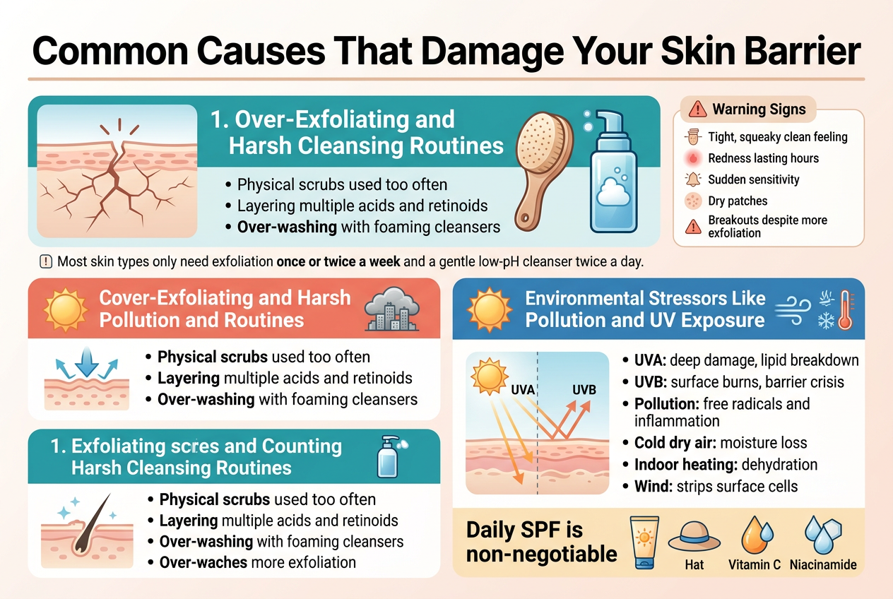 Create a full-bleed professional infographic illustration in a 3:2 aspect ratio about skincare health, with a clean modern medical-aesthetic style, soft white background, teal, blue, coral, and warm beige accents, subtle gradients, crisp sans-serif typography, bold hierarchy, and clear iconography. Place a large bold title across the top: "Common Causes That Damage Your Skin Barrier". Use a wide horizontal layout with four main color-coded content blocks arranged in a 2x2 grid across the center, each with a distinct icon and short bullet points. Include thin divider lines, rounded rectangles, and small warning symbols for emphasis. 

Top section: a wide banner with a cracked skin-barrier illustration and the heading "1. Over-Exfoliating and Harsh Cleansing Routines" next to an icon of an exfoliating scrub brush and a foaming cleanser bottle. Add three concise bullets beneath:
- "Physical scrubs used too often"
- "Layering multiple acids and retinoids"
- "Over-washing with foaming cleansers"
Add a small side box labeled "Warning Signs" with five short rows and icons:
- "Tight, squeaky clean feeling"
- "Redness lasting hours"
- "Sudden sensitivity"
- "Dry patches"
- "Breakouts despite more exfoliation"
Add a small note box: "Most skin types only need exfoliation once or twice a week and a gentle low-pH cleanser twice a day."

Upper-right section: "2. Environmental Stressors Like Pollution and UV Exposure" with a sun icon, clouded city pollution icon, wind swirl, and snowflake/heat symbols. Use a split visual with UVA/UVB rays hitting skin. Add bullets:
- "UVA: deep damage, lipid breakdown"
- "UVB: surface burns, barrier crisis"
- "Pollution: free radicals and inflammation"
- "Cold dry air: moisture loss"
- "Indoor heating: dehydration"
- "Wind: strips surface cells"
Add a bottom callout bar with bold text: "Daily SPF is non-negotiable" and small icons for sunscreen, hat, and antioxidant drops labeled "Vitamin C" and "Niacinamide".

Lower-left