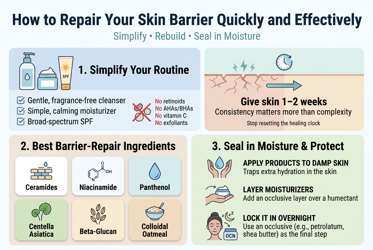 Create a clean, professional full-bleed infographic illustration in a 3:2 aspect ratio with a white background, soft blue and teal accents, subtle beige and pale green panels, modern sans-serif fonts, strong visual hierarchy, and flat vector skincare icons. Use a wide horizontal layout with no poster frame, no inset margins, and no narrow vertical stack.

Top header across the full width:
Large bold title in dark navy text: "How to Repair Your Skin Barrier Quickly and Effectively"
Small subtitle beneath in muted teal: "Simplify • Rebuild • Seal in Moisture"

Main layout: three wide horizontal sections stacked top to bottom, each section split into 2–3 columns.

SECTION 1 on the upper half, left-to-right:
Left large panel with a simple skincare routine illustration: a gentle cleanser bottle, moisturizer jar, and SPF tube. Add a bold label: "1. Simplify Your Routine"
Below it, three checked items in a neat list:
"Gentle, fragrance-free cleanser"
"Simple, calming moisturizer"
"Broad-spectrum SPF"
Add a small red crossed-out cluster beside the list showing "No retinoids", "No AHAs/BHAs", "No vitamin C", "No exfoliants"
Right panel with a healing skin barrier diagram: cracked skin on the left transitioning to smooth skin on the right, with a small clock icon and a calming arrow. Add text:
"Give skin 1–2 weeks"
"Consistency matters more than complexity"
Small caption: "Stop resetting the healing clock"

SECTION 2 in the middle, split into two columns:
Left column titled in bold: "2. Best Barrier-Repair Ingredients"
Show six rounded ingredient cards with icons and short labels:
"Ceramides" — lipid bricks icon
"Niacinamide" — molecule icon
"Panthenol" — water drop icon
"Centella Asiatica" — leaf icon
"Beta-Glucan" — oat icon
"Colloidal Oatmeal" — bowl of oats icon
Under the cards,